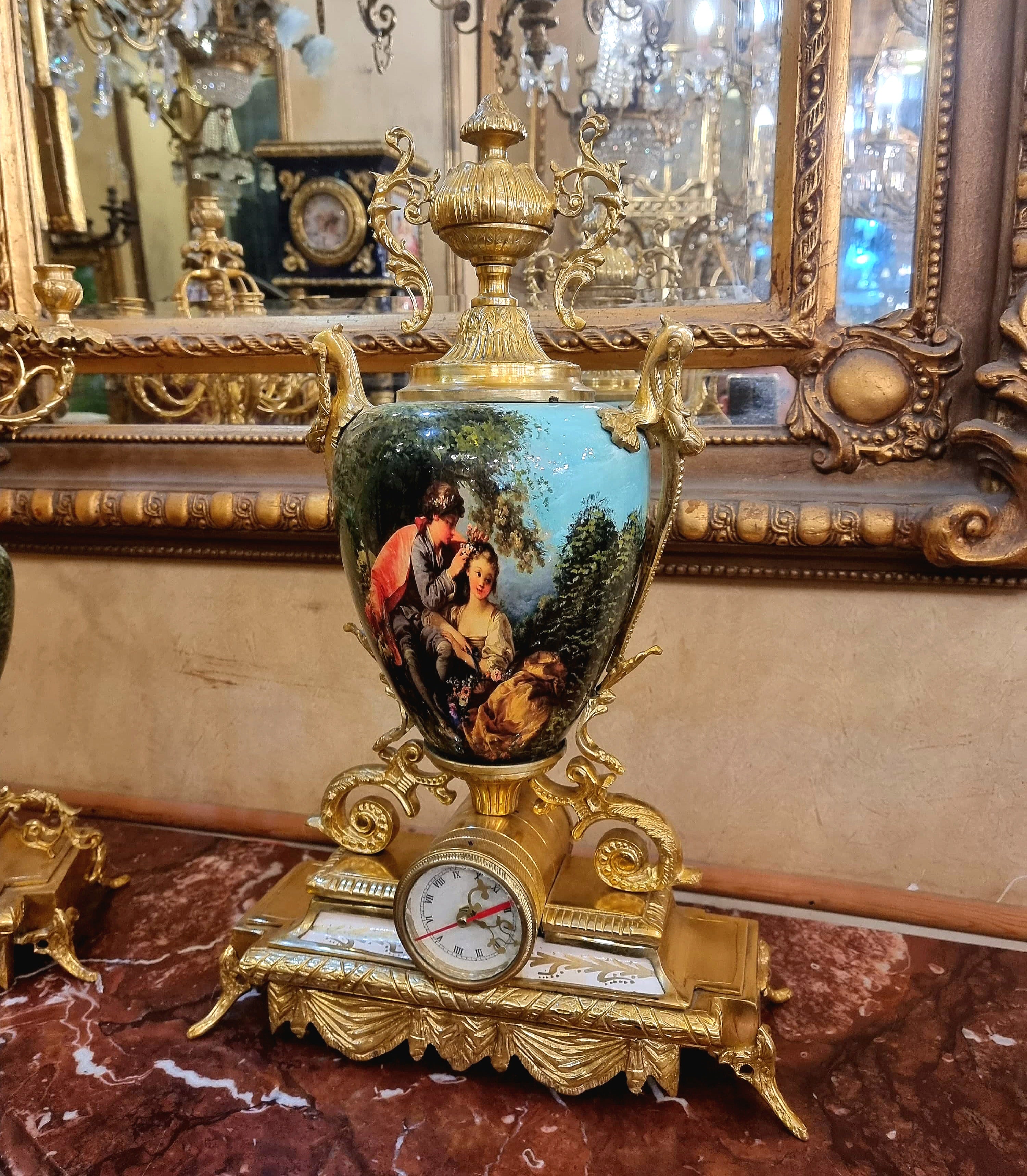 French Louis XV Style Mantel Clock Set with Matching Porcelain Scenic Vases – 3 Piece Collection