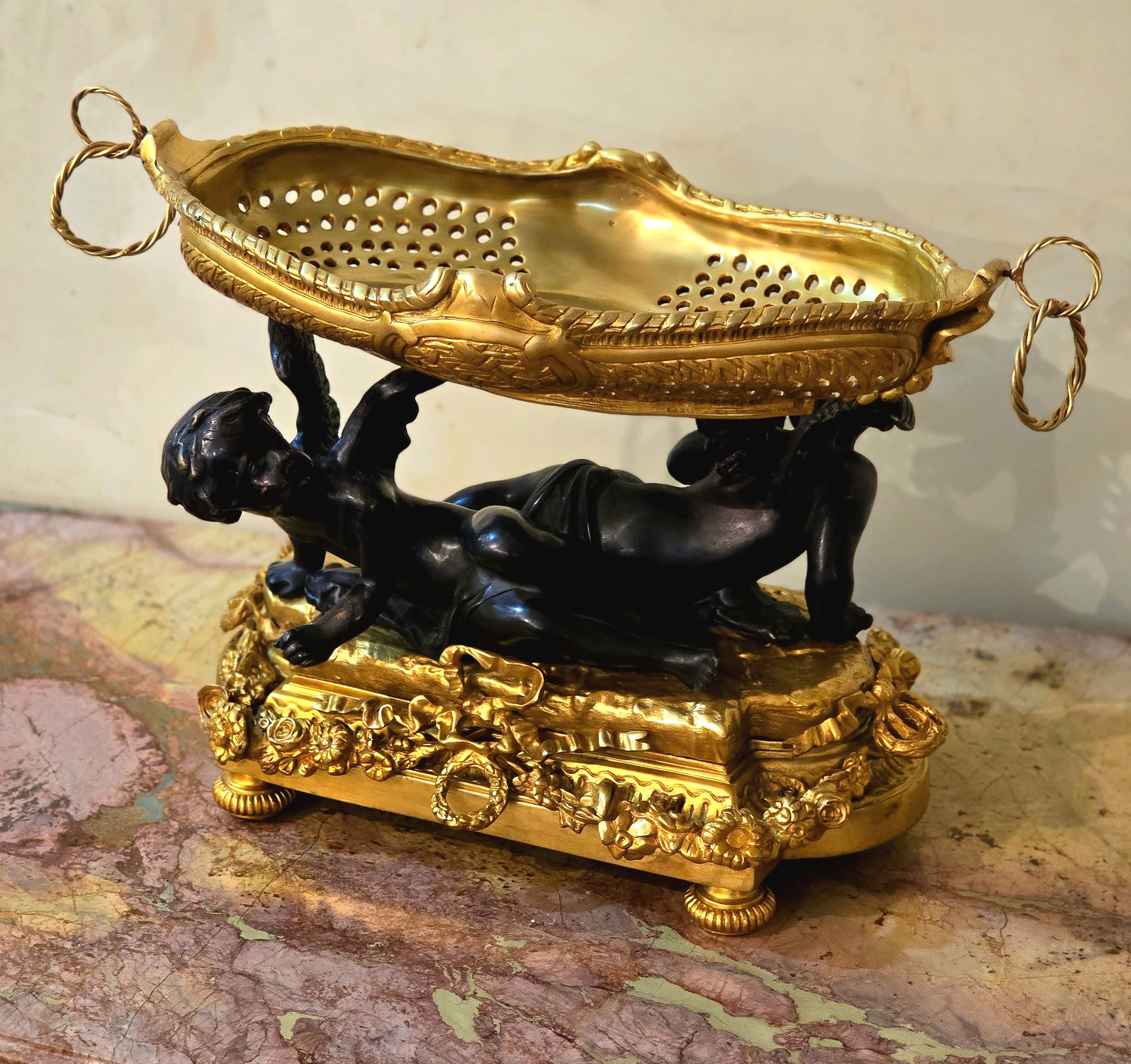 French Rococo Bronze Centerpiece Bowl with Cherub Figures & Gold Leaf Details