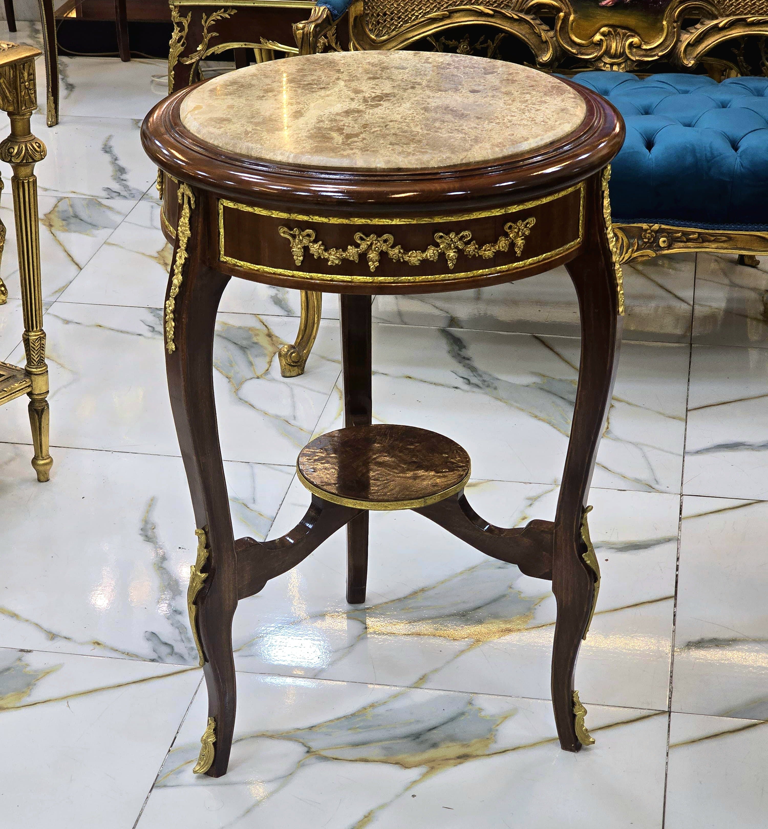 French Baroque Accent Table with Marble Top & Ornate Gold Details
