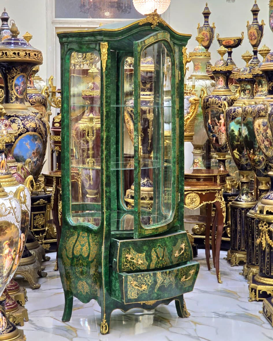 French Style Green Display Cabinet with Gold Leaf Details – Ornate Curio Vitrine Cabinet