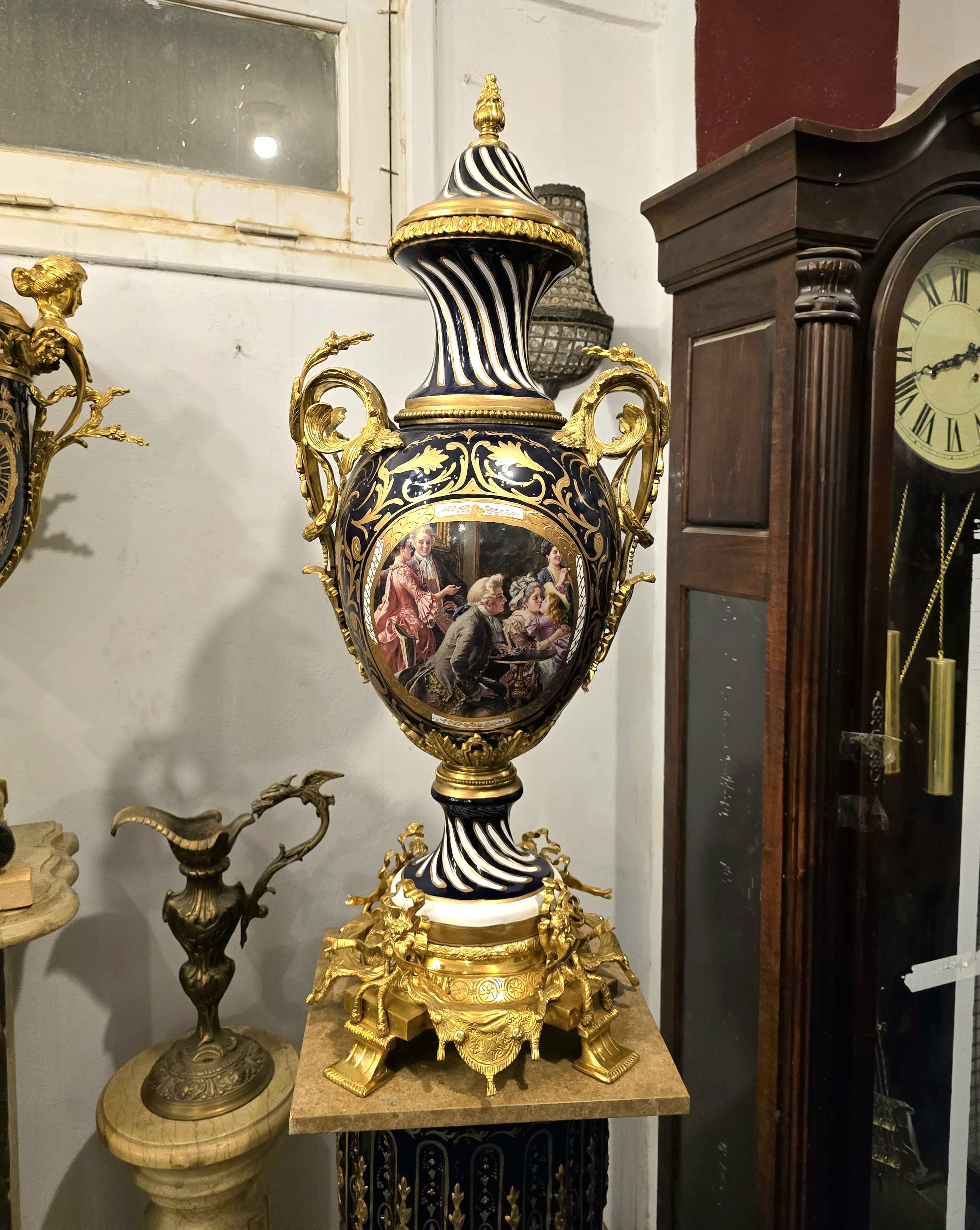 Grand Baroque-Style Black Porcelain Vase with Marble Pedestal & Gold Leaf Details