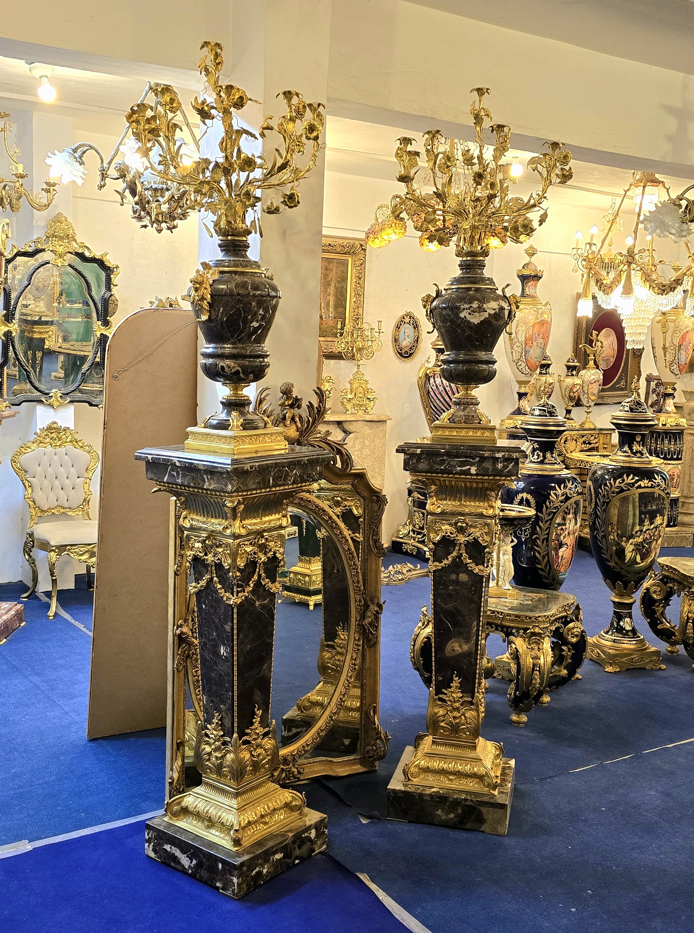 Magnificent Louis XVI-Style Black Porcelain Decorative Centerpiece with Gold Leaf Floral Details & Gilded Bronze Accents