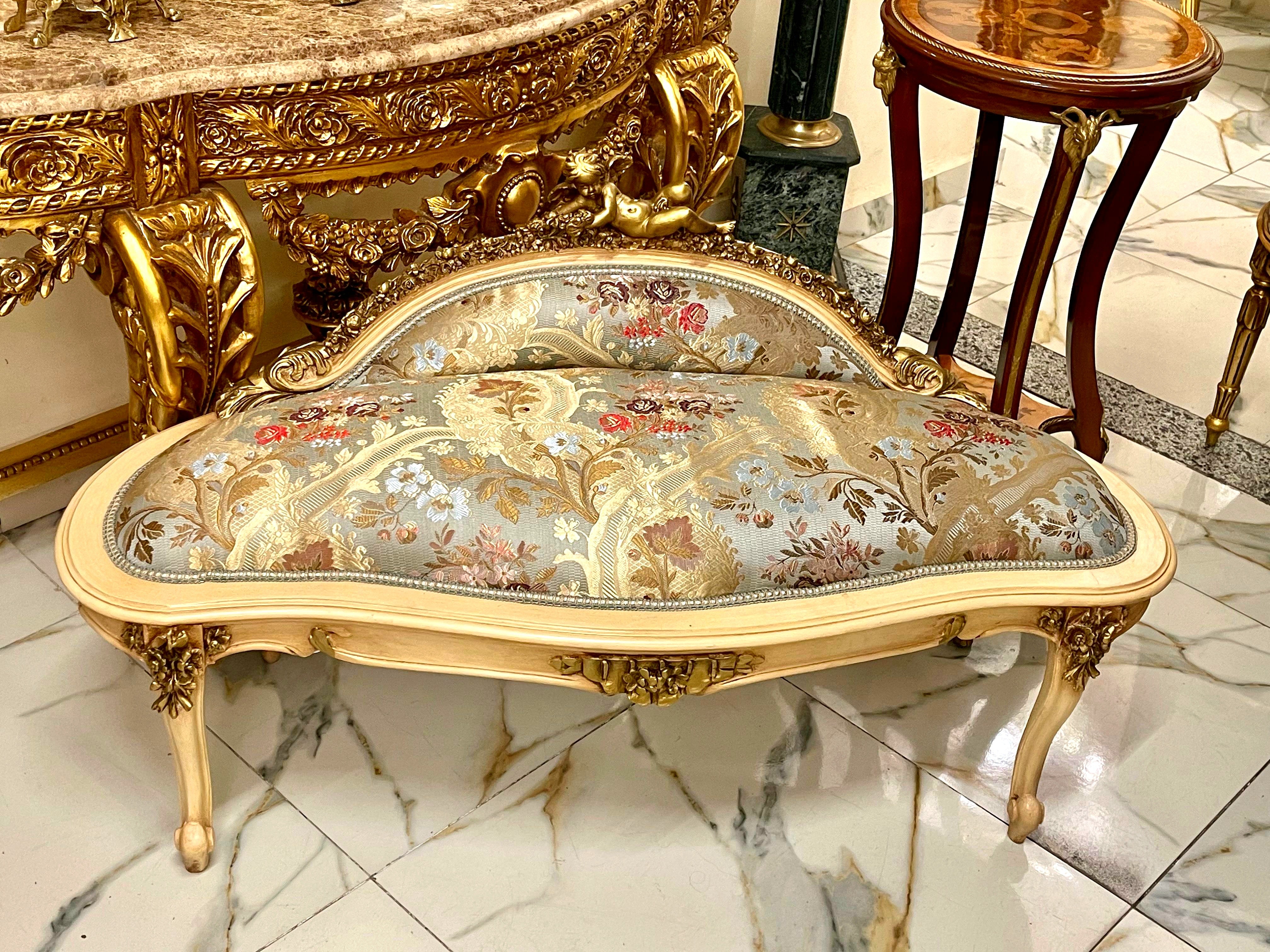 Vintage French Rococo Sky Blue Settee – Gold Leaf Frame, Ornate Cherub Top, Damask Upholstery