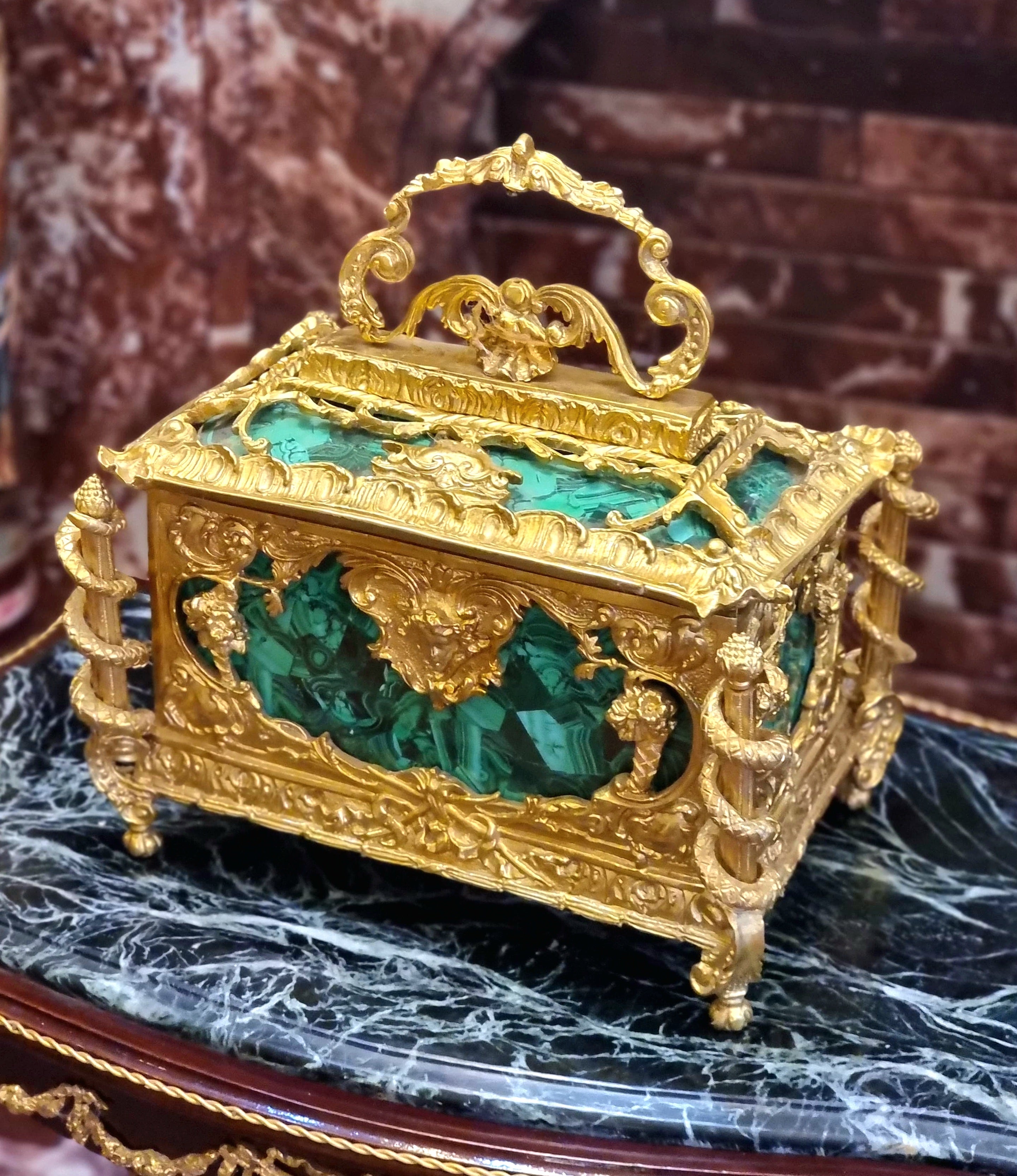 French Style Green Porcelain Jewelry Box with Gilt Bronze Ormolu Details