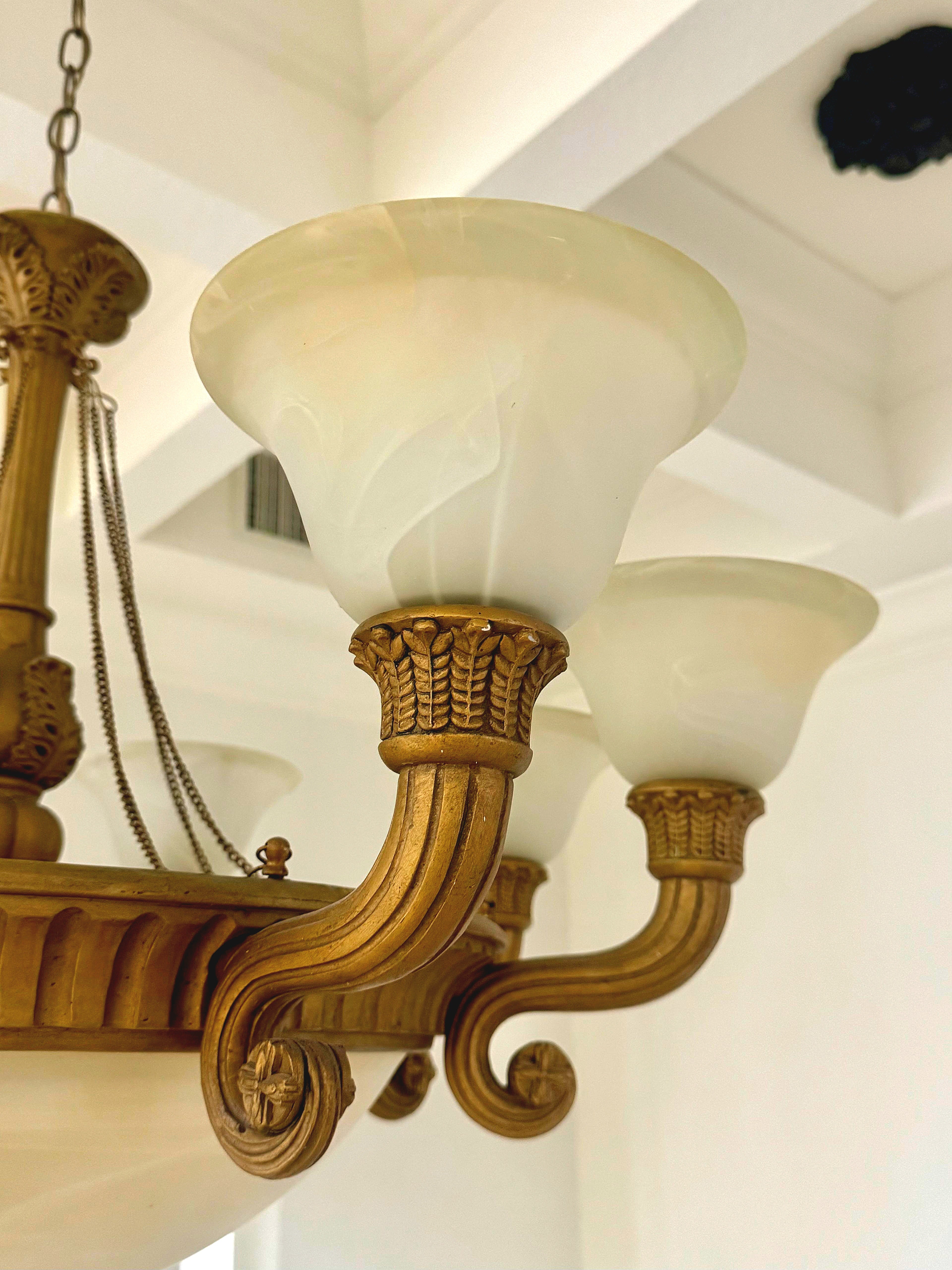 French Empire Vintage 36" Neoclassical Alabaster & Heavy Gilded Brass Chandelier 11 Bulbs
