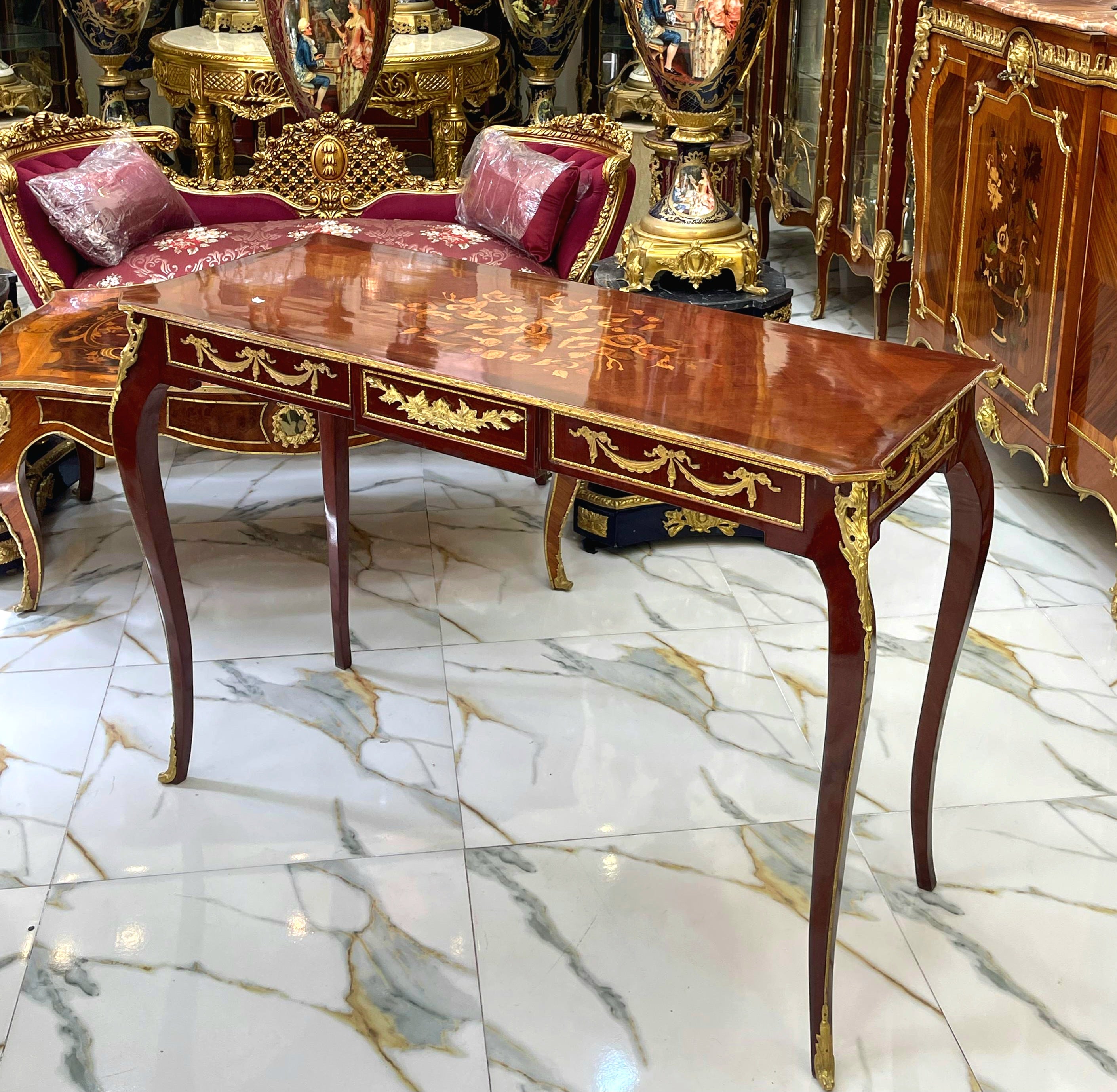 Elegant French Style Console Table or Desk – Handcrafted, Brown Finish with Gold Leaf, 35"H x 44"W x 15"D