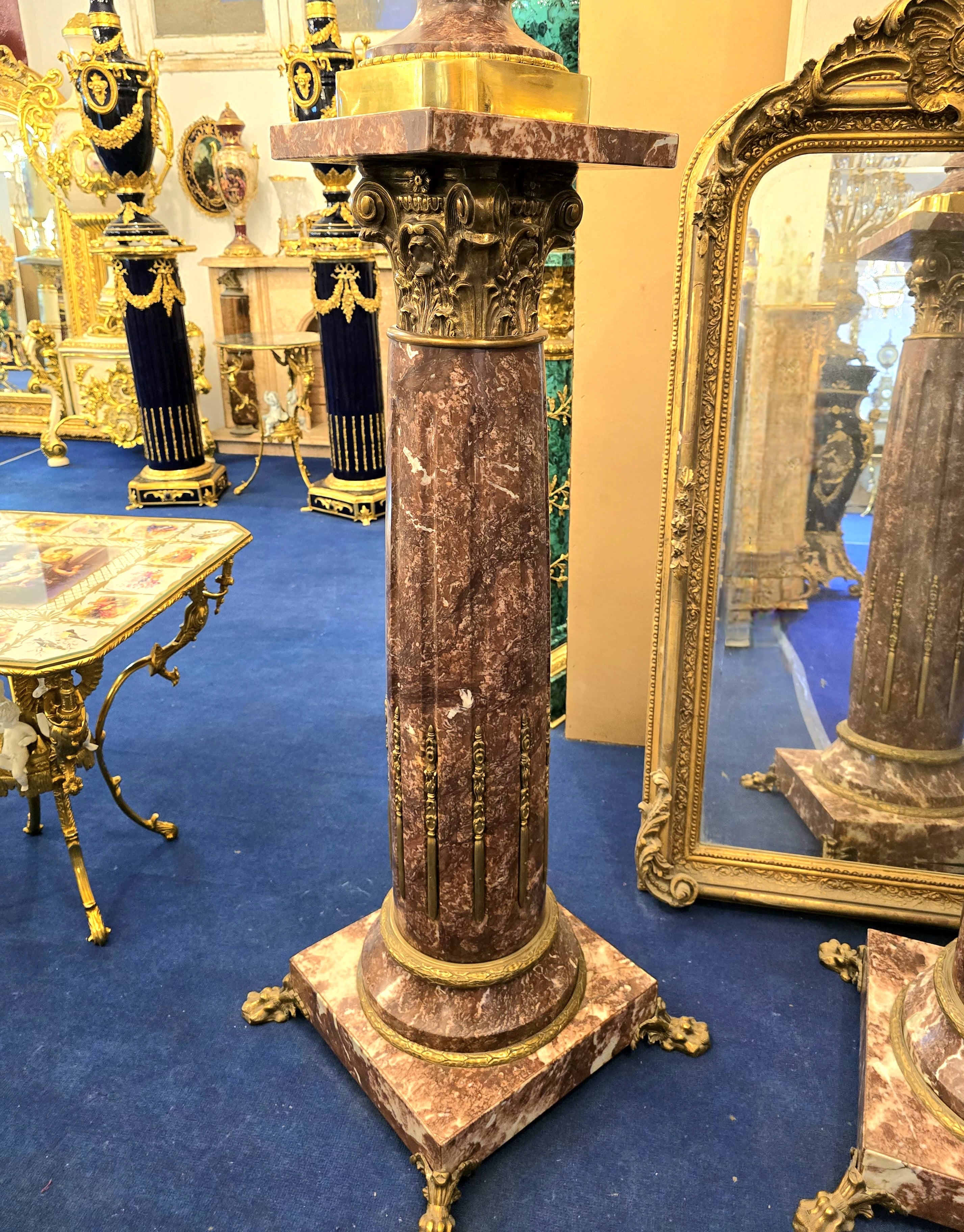 Magnificent Louis XVI-Style Porcelain Pedestal Centerpiece with Floral Gold Leaf Details & Gilded Bronze Accents