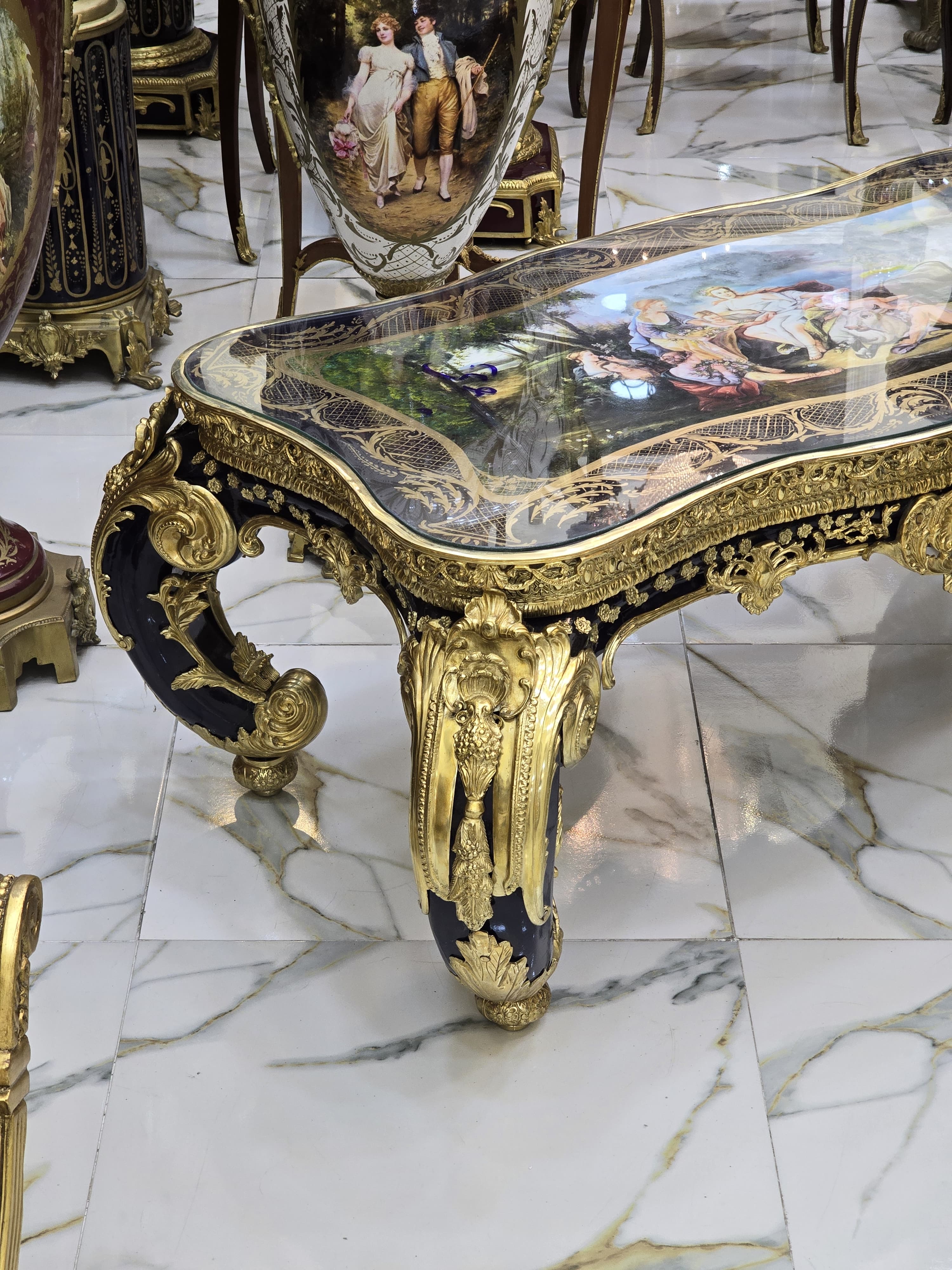 Monumental French Rococo Coffee Table with Hand-Painted Artwork Under Glass & Gilded Bronze Details
