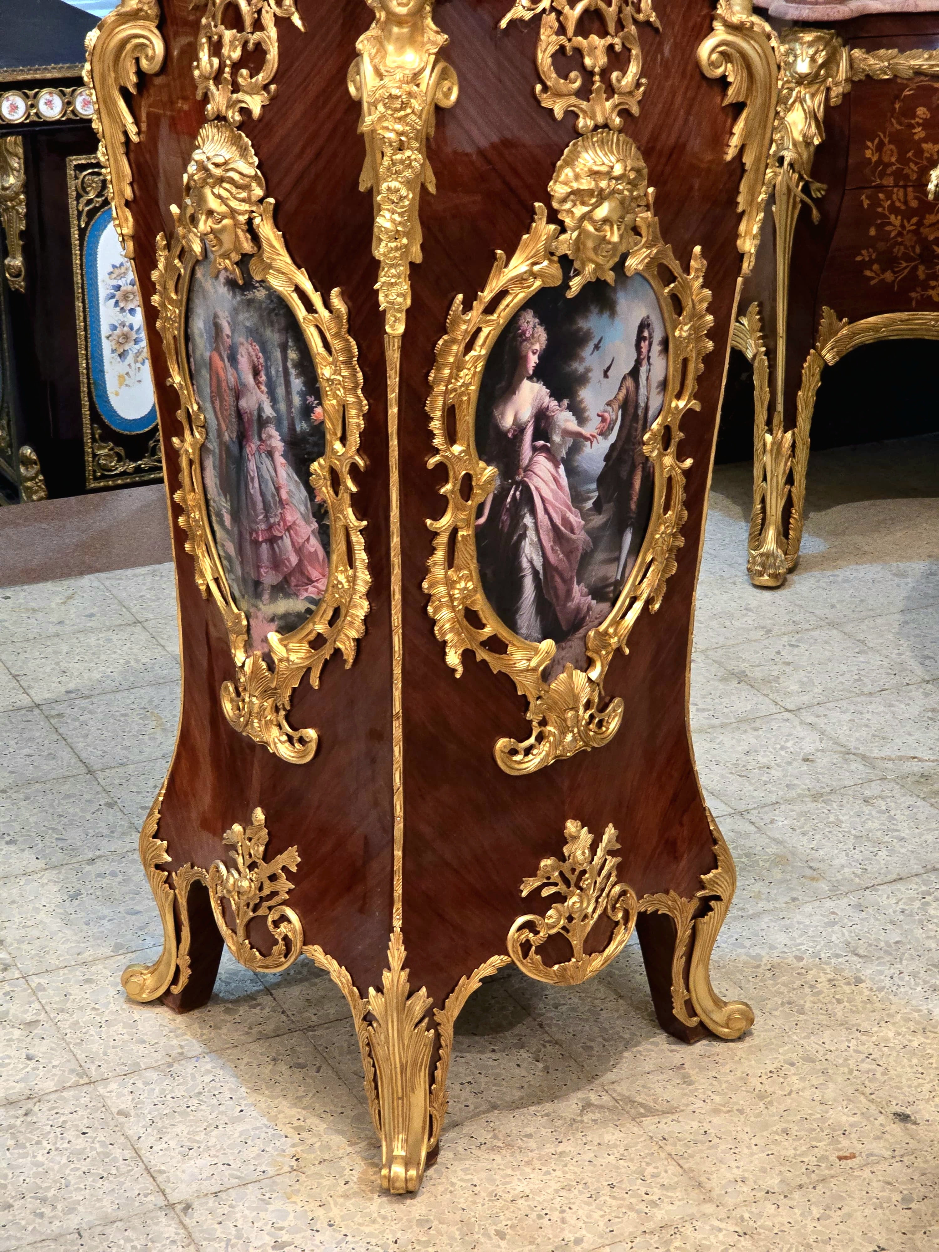 French Rococo Pedestal with Romantic Artwork, Bronze Mounts & Gold Leaf Details