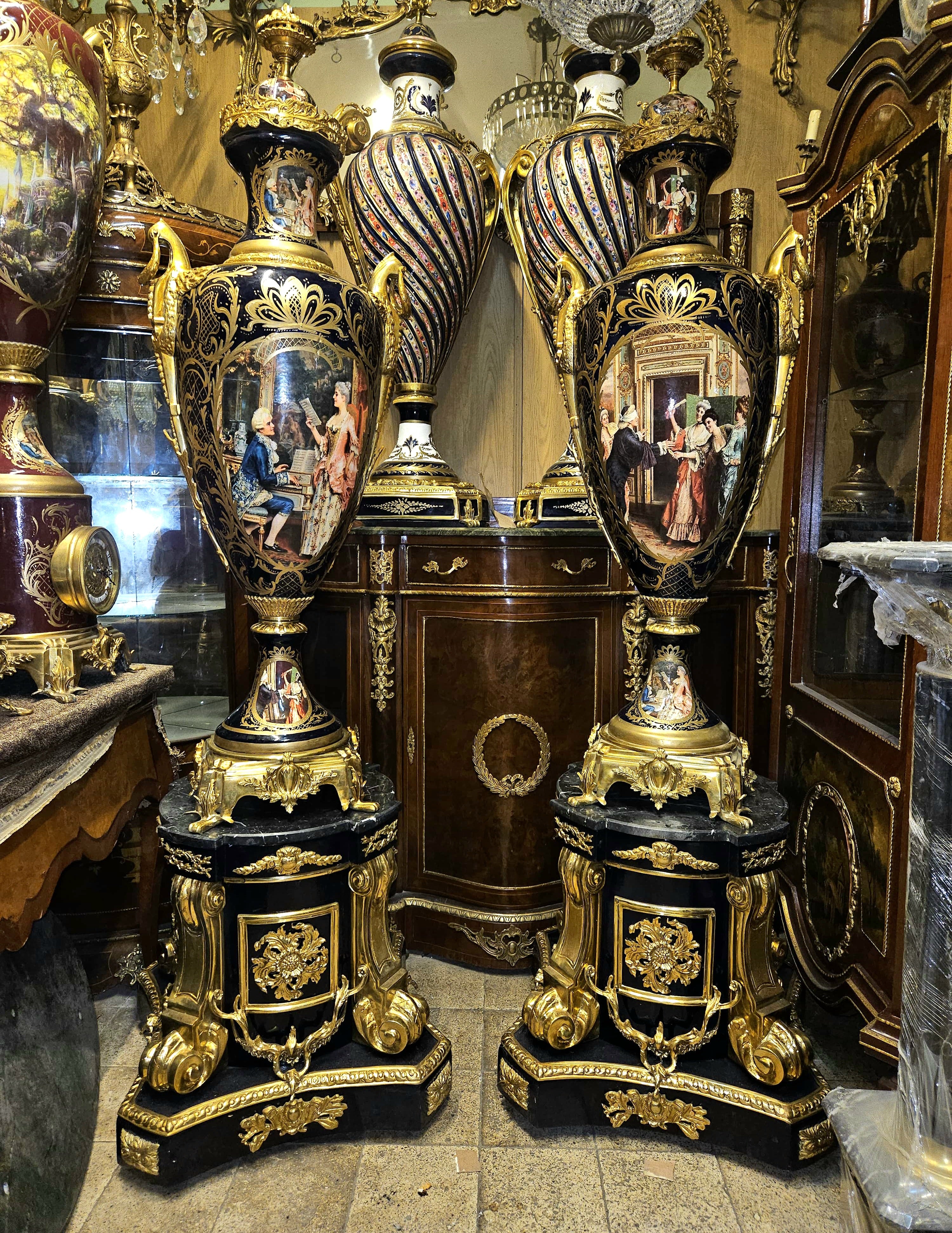 French Sevres Style Black Porcelain Vase on Pedestal – Bronze & Gold Leaf Details with Victorian Court Scenes