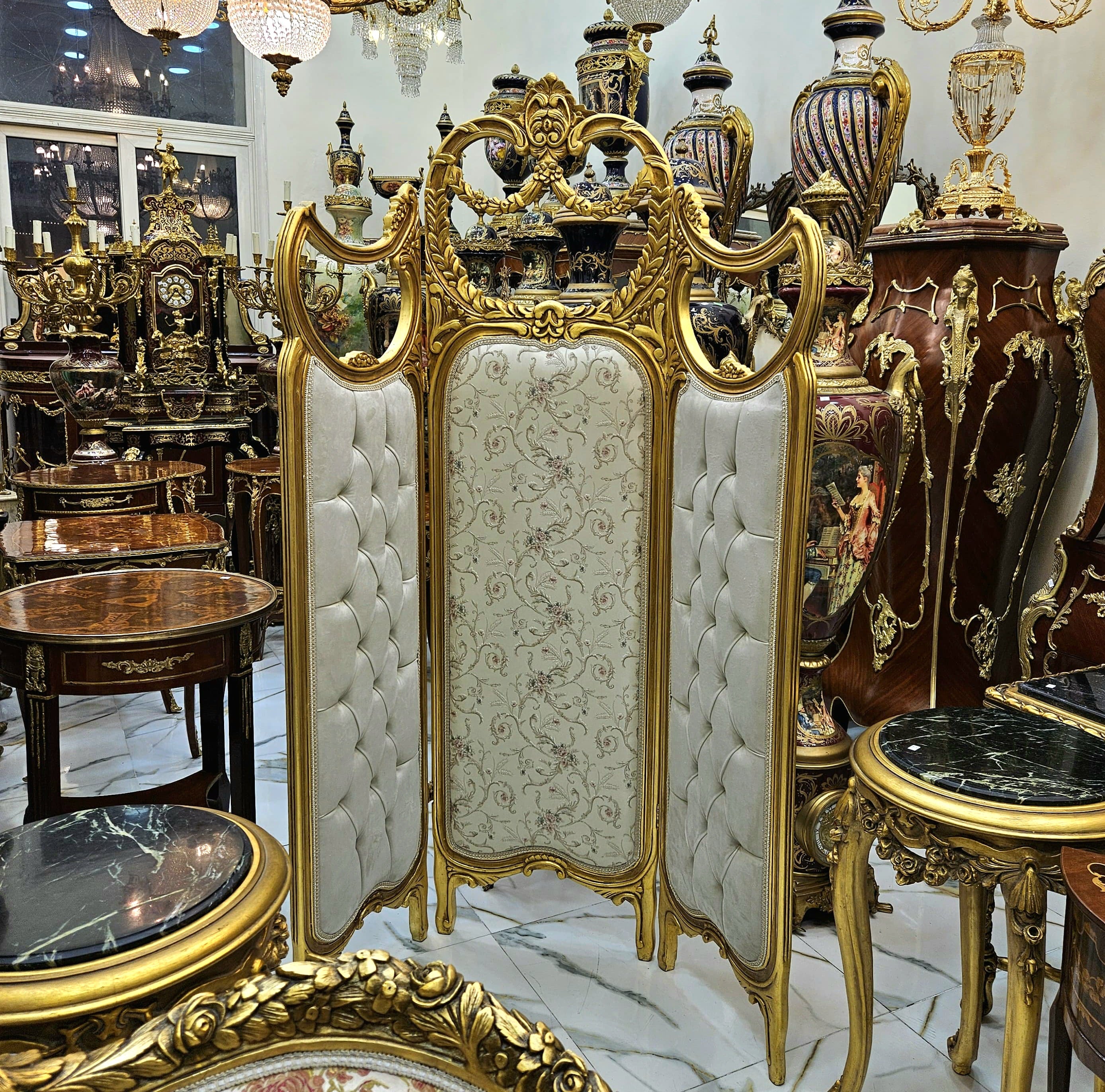French Style Tufted Paravan Room Divider with Gold Leaf Frame – Off White Folding Screen