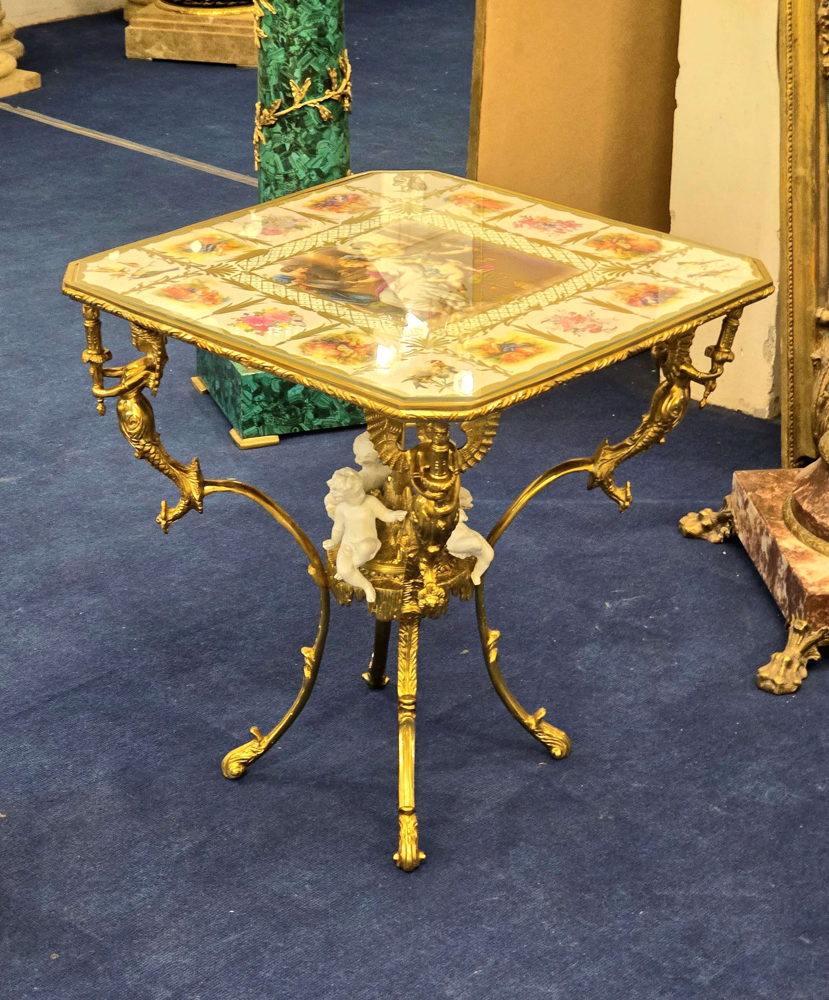 Romantic French Style Coffee Table with Cherub Artwork, Bronze Accents & Gold Leaf Details