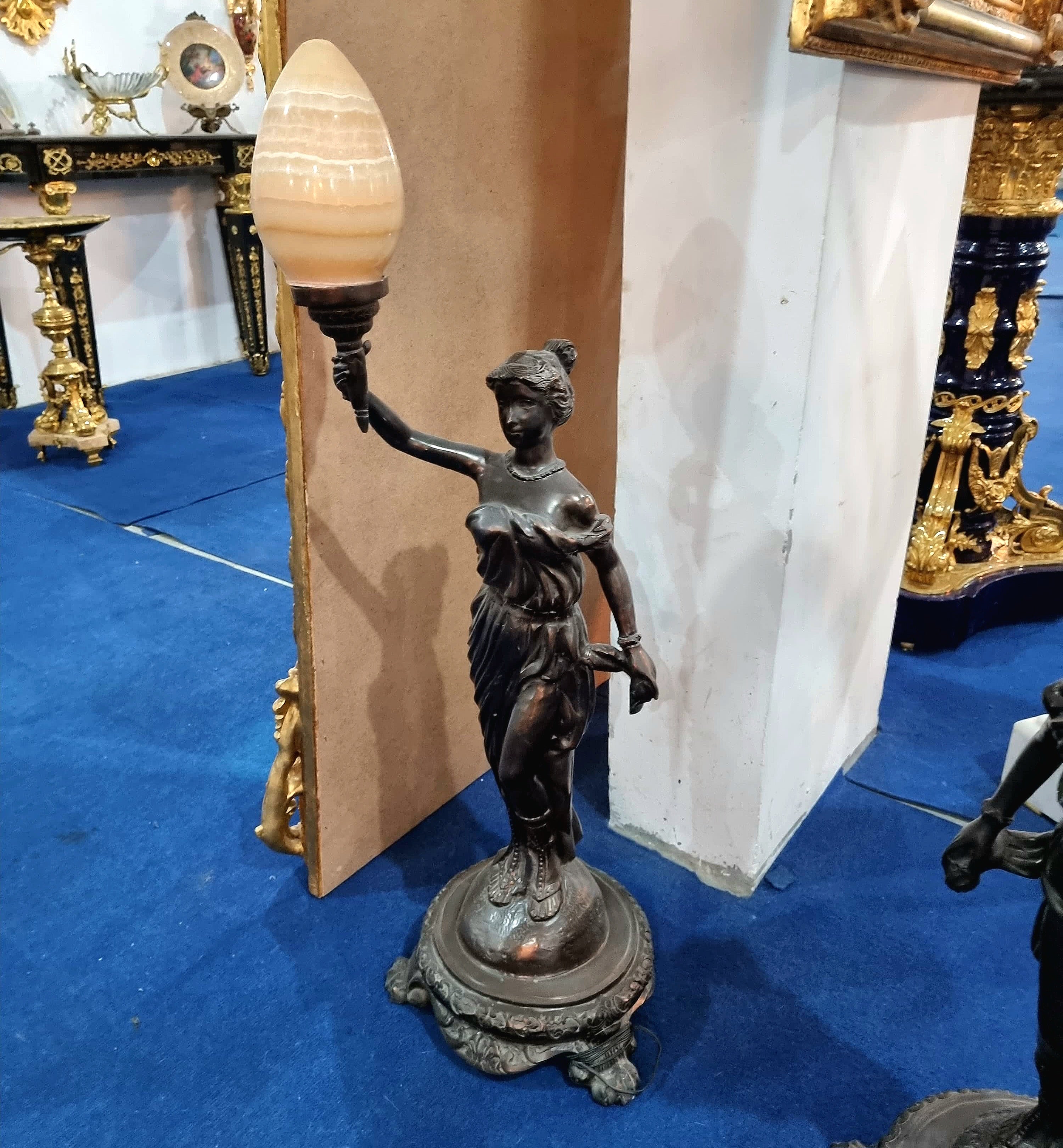 Art Deco Goddess Floor Lamp with Marble Glass Shade & Bronze Finish
