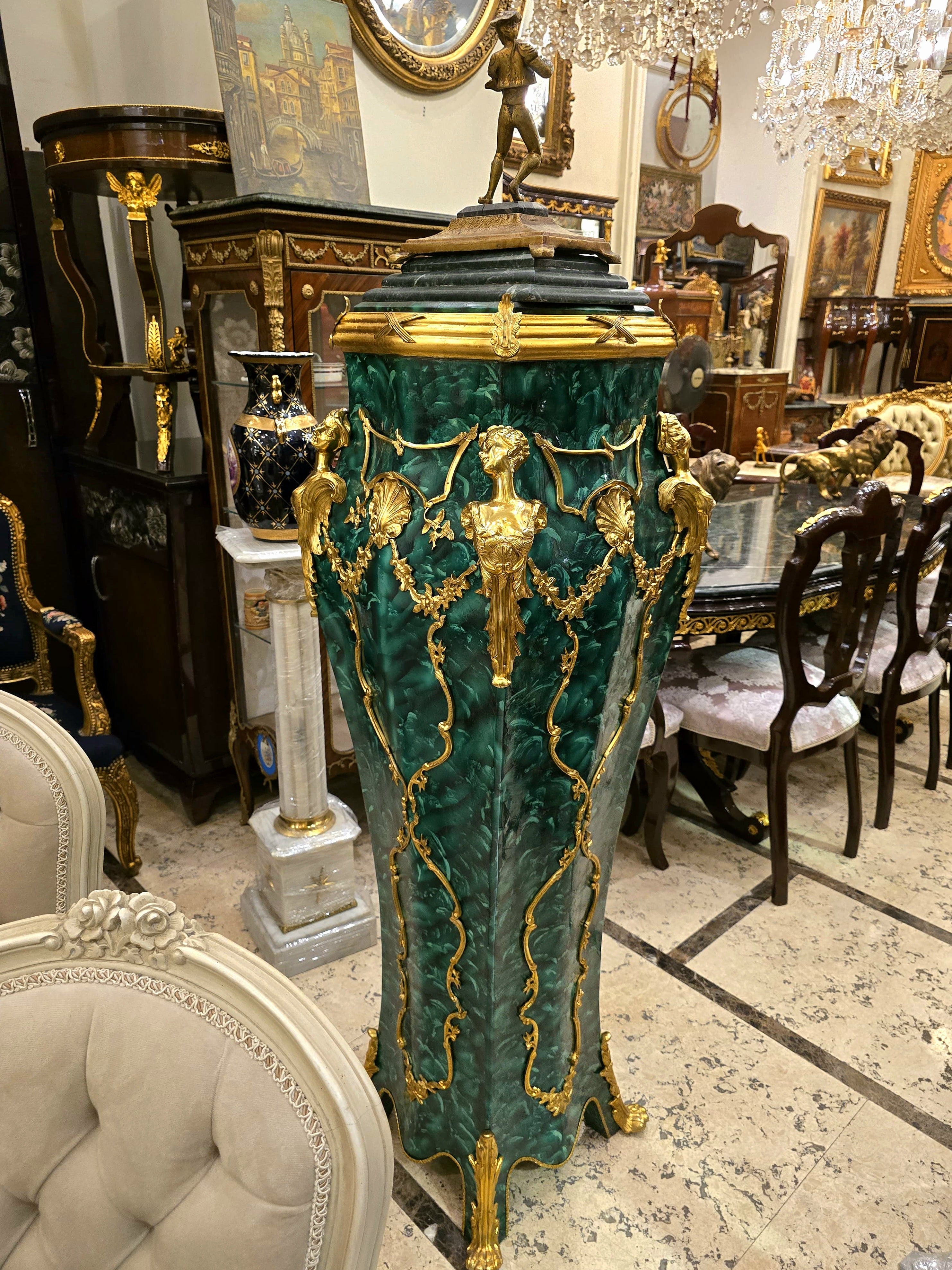 French Rococo Green Pedestal with Gold Leaf & Bronze Mounted Details