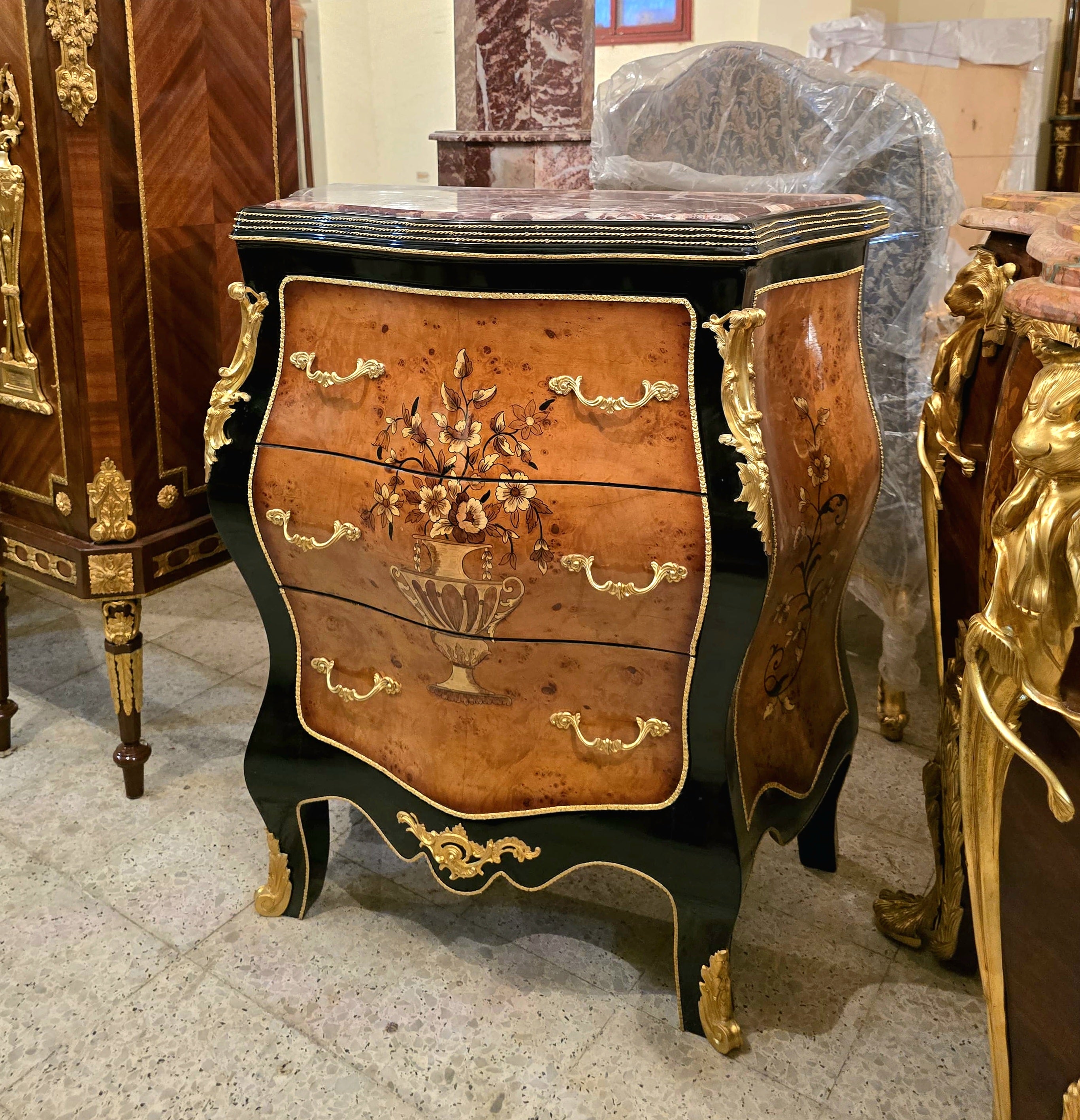 French Rococo Commode Chest with Floral Marquetry, Marble Top & Gold Leaf Details