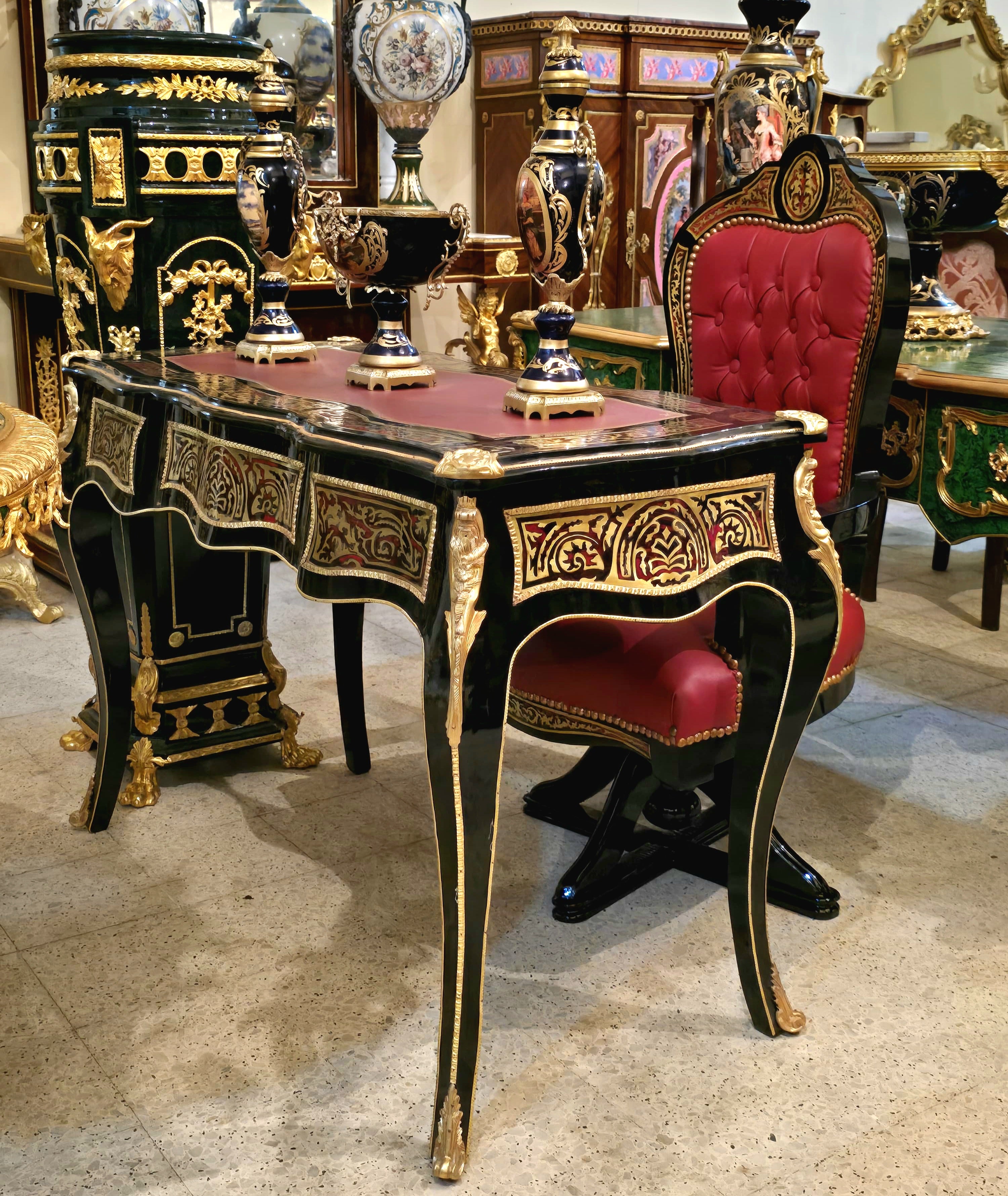 Luxury French Rococo Writing Desk with Gold Leaf Accents & Elegant Black Finish