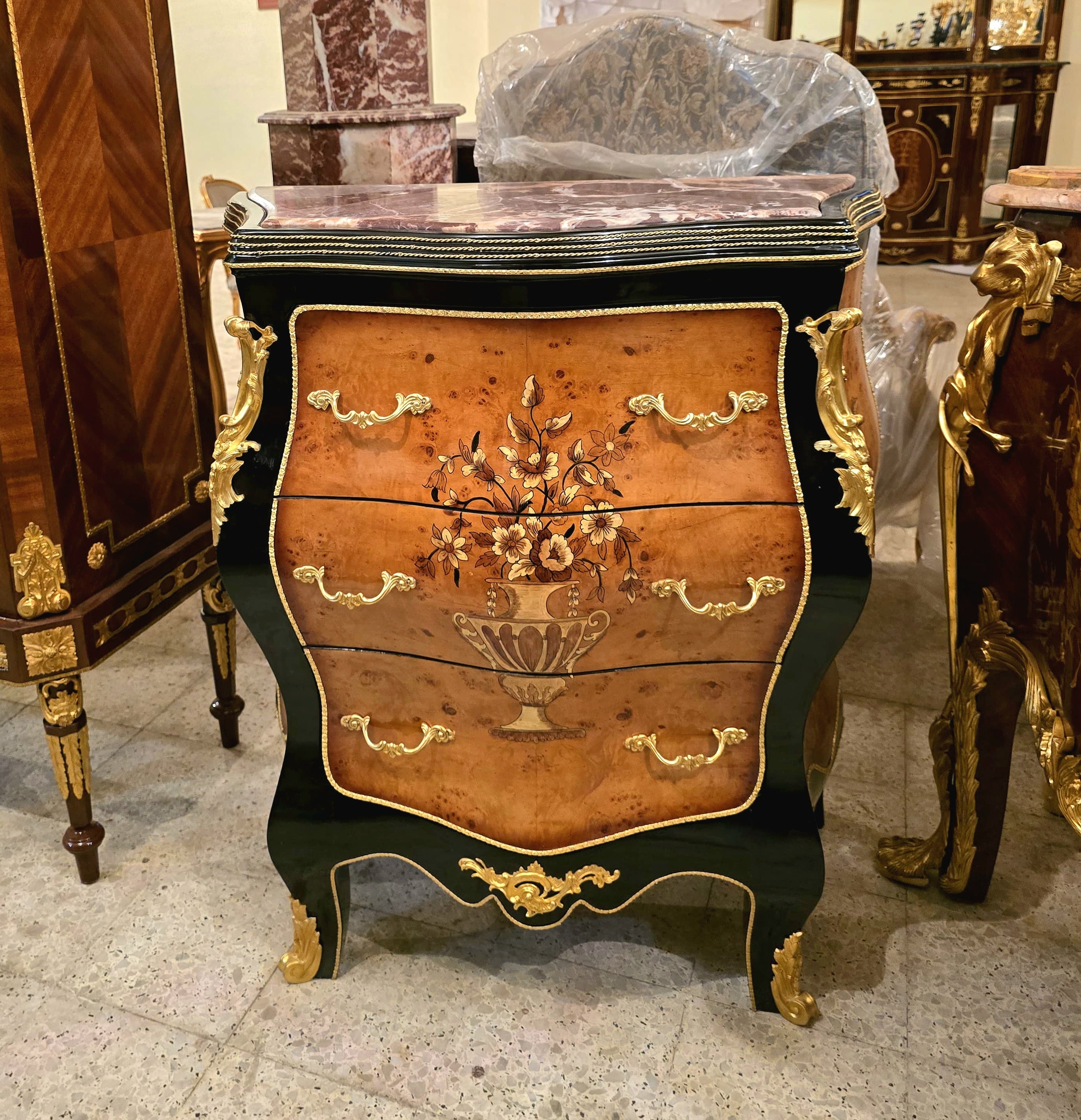 French Rococo Commode Chest with Floral Marquetry, Marble Top & Gold Leaf Details