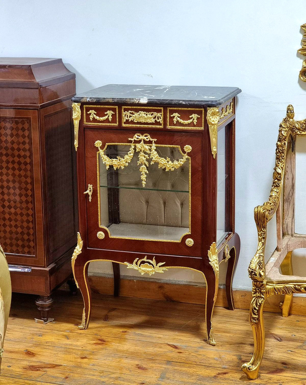 Louis XV Style Marquetry Bedside Cabinet with Glass Door, Marble Top & Gold Accents