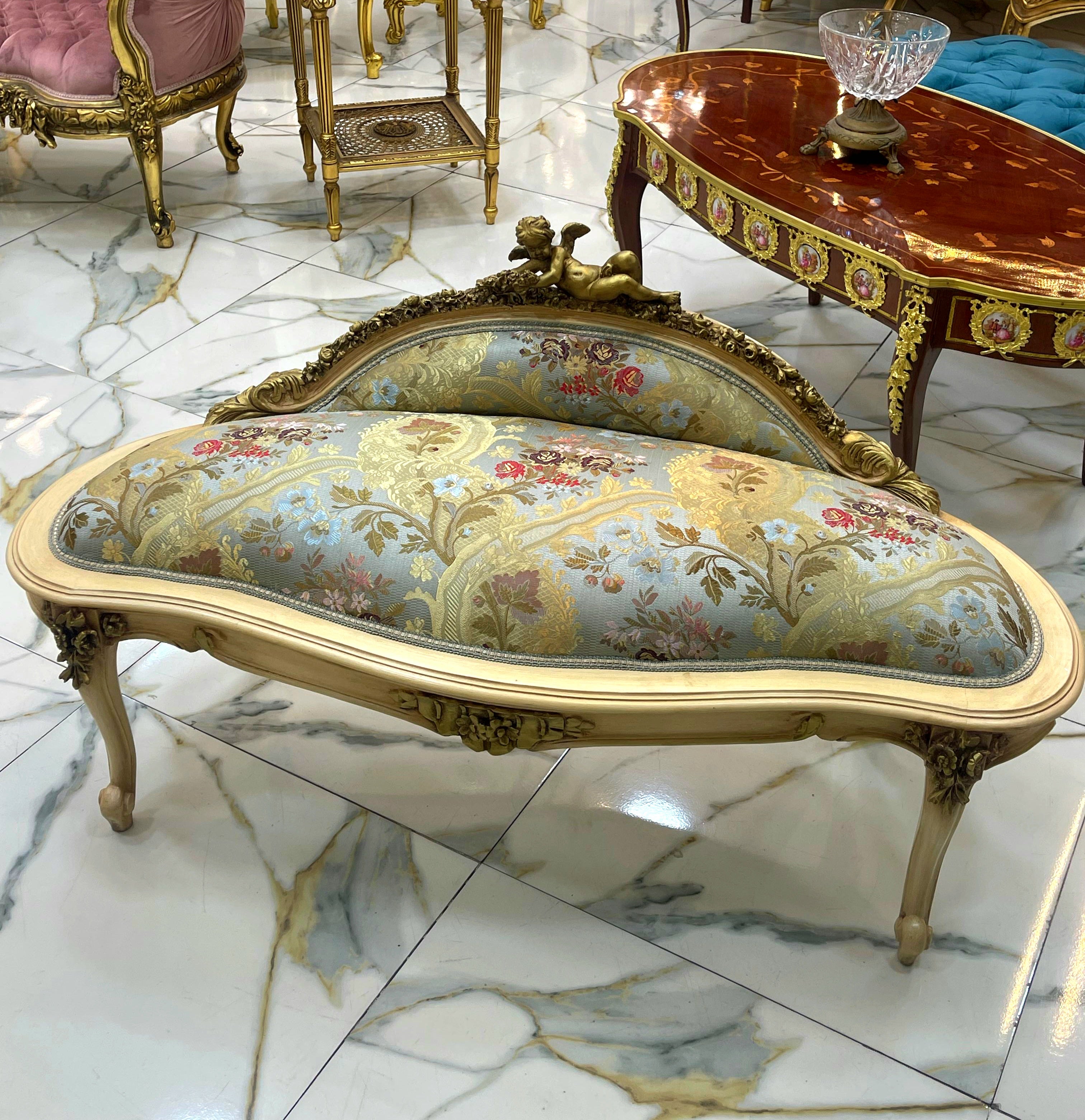 Vintage French Rococo Sky Blue Settee – Gold Leaf Frame, Ornate Cherub Top, Damask Upholstery