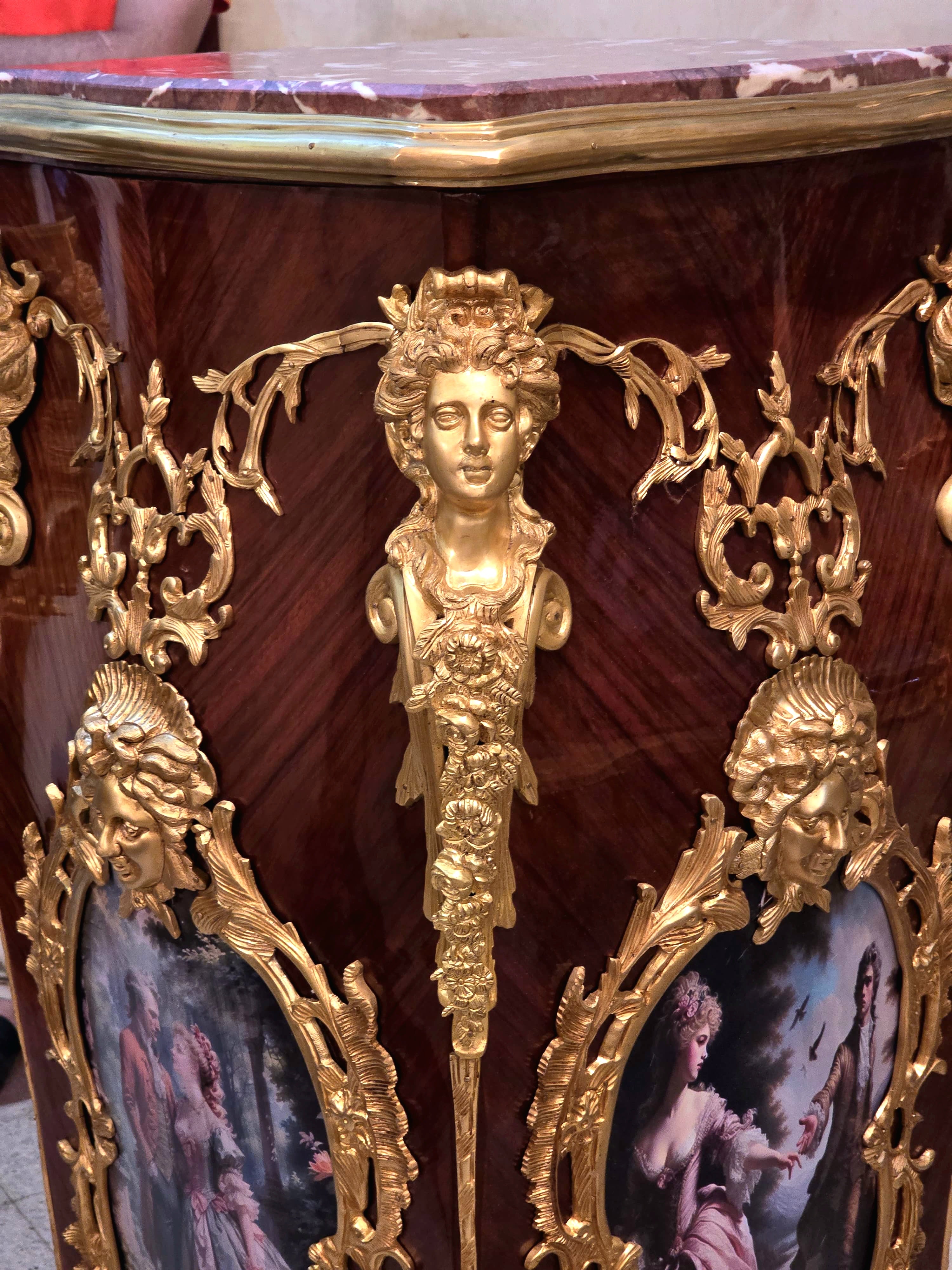 French Rococo Pedestal with Romantic Artwork, Bronze Mounts & Gold Leaf Details