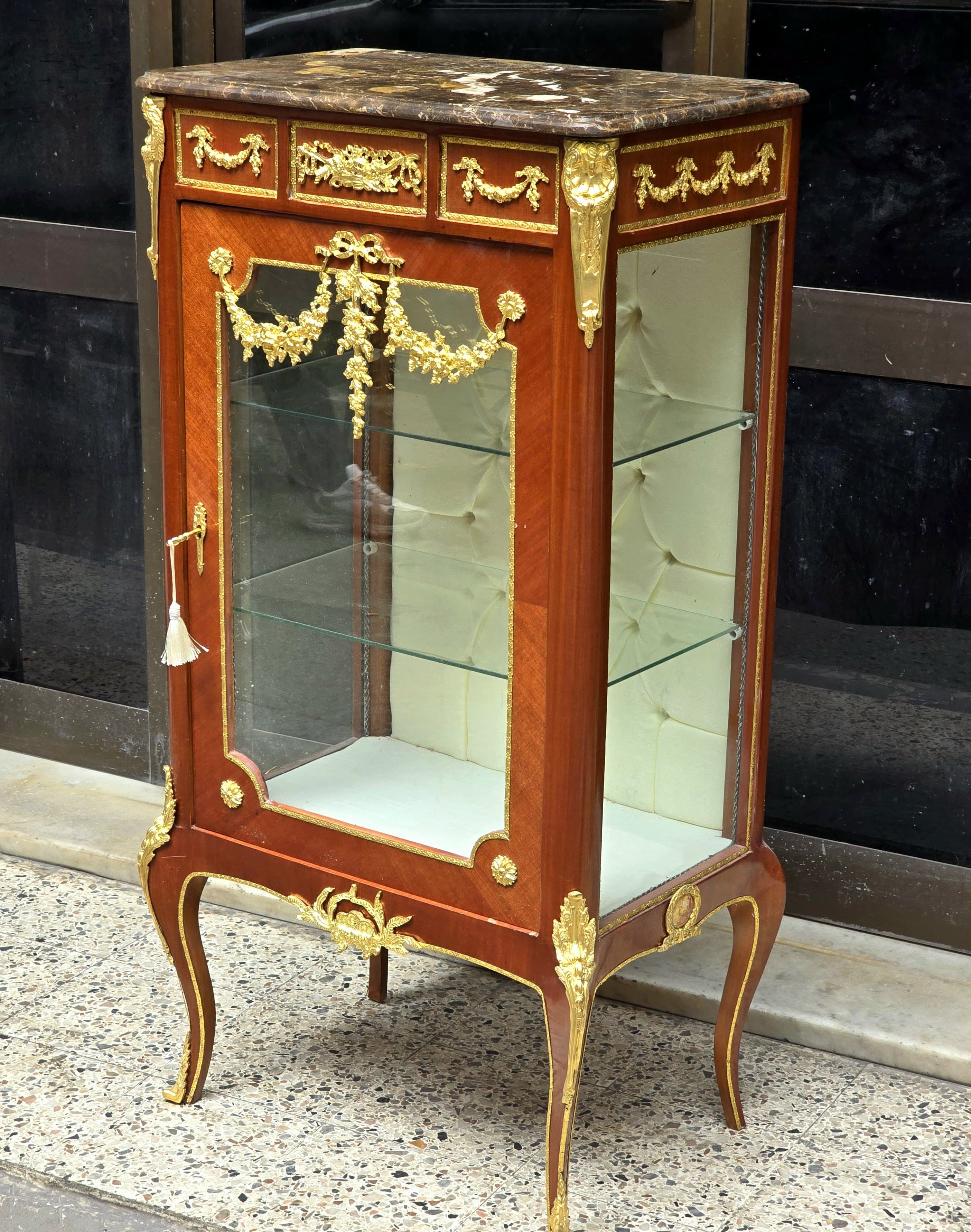 Louis XV Marquetry Bedside Cabinet with Glass Door, Marble Top & Gold Accents