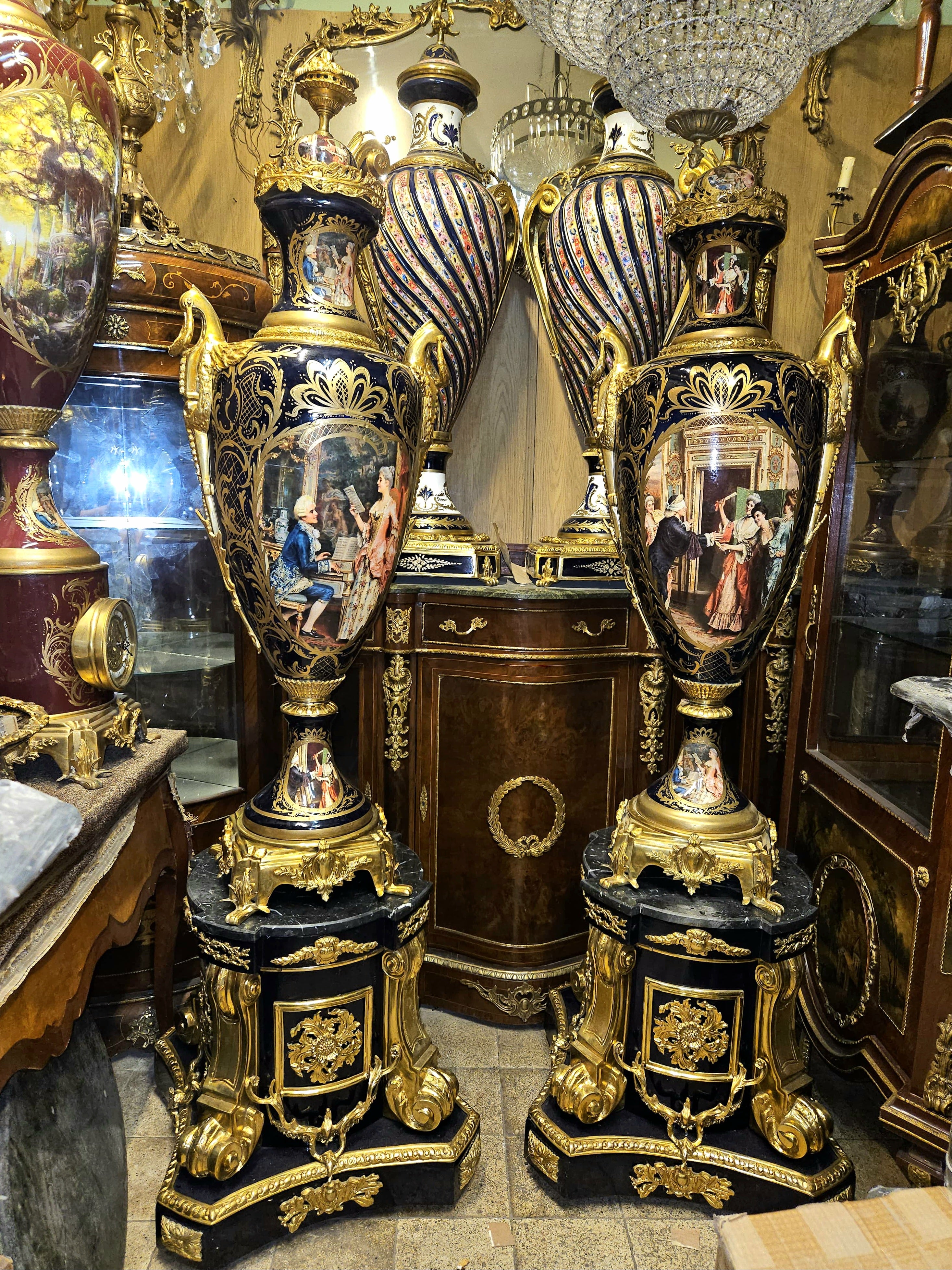 French Sevres Style Black Porcelain Vase on Pedestal – Bronze & Gold Leaf Details with Victorian Court Scenes