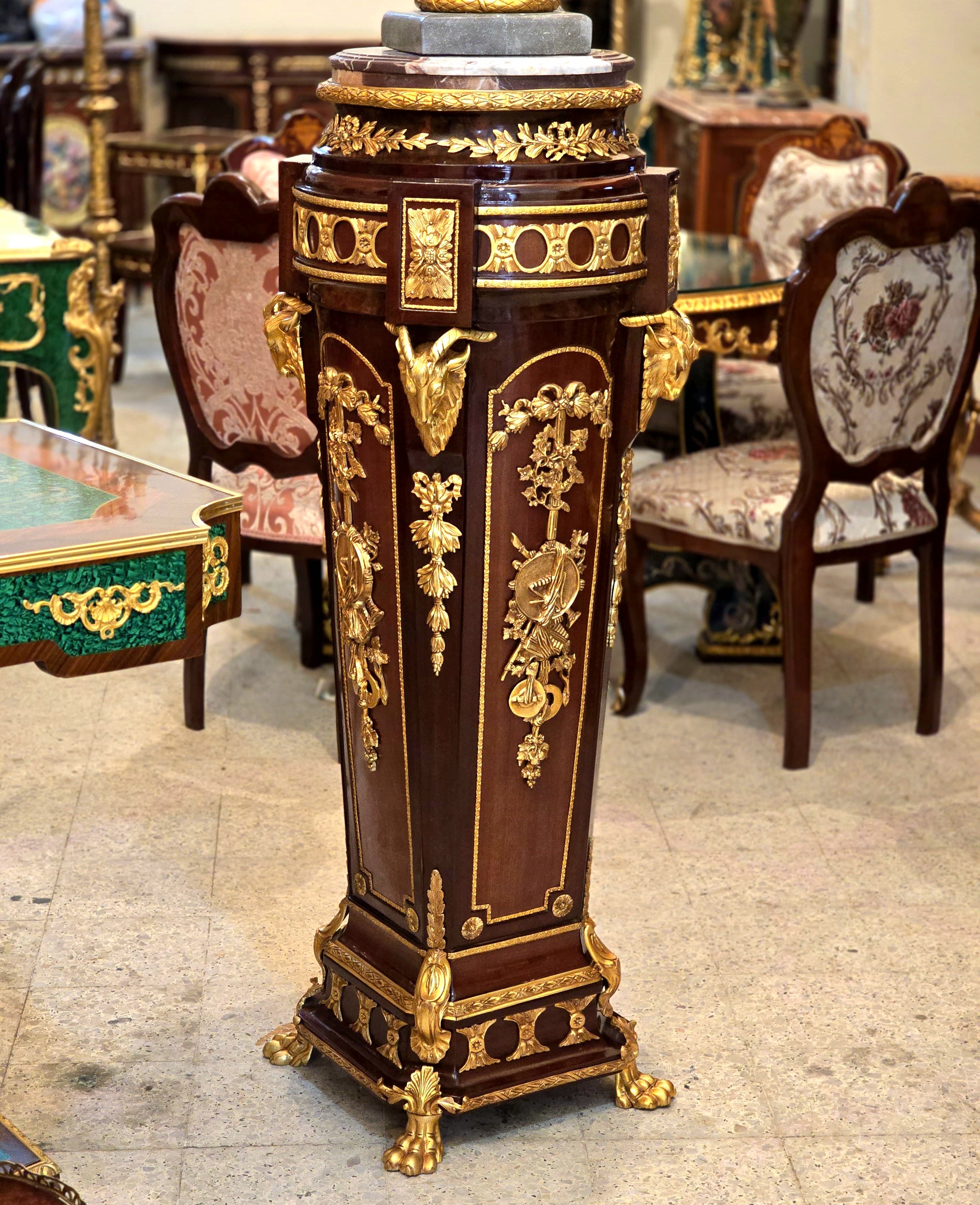 Luxury Ornate Wood Pedestal with Bronze Accents, Gold Leaf Details & Marble Top