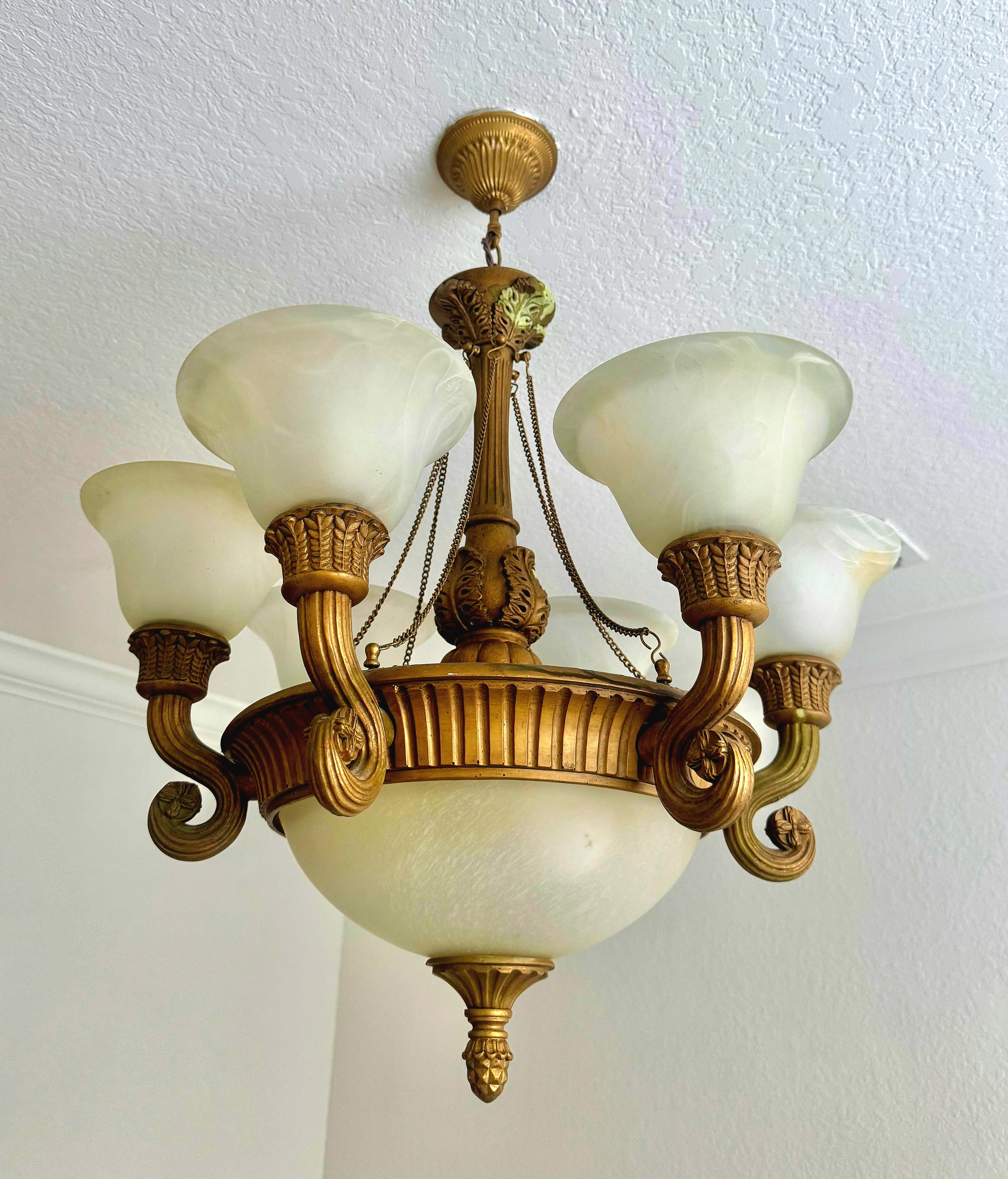French Empire Vintage 26"H (ceiling to bottom 32”) Neoclassical Alabaster & Heavy Gilded Brass Chandelier 9 Bulbs
