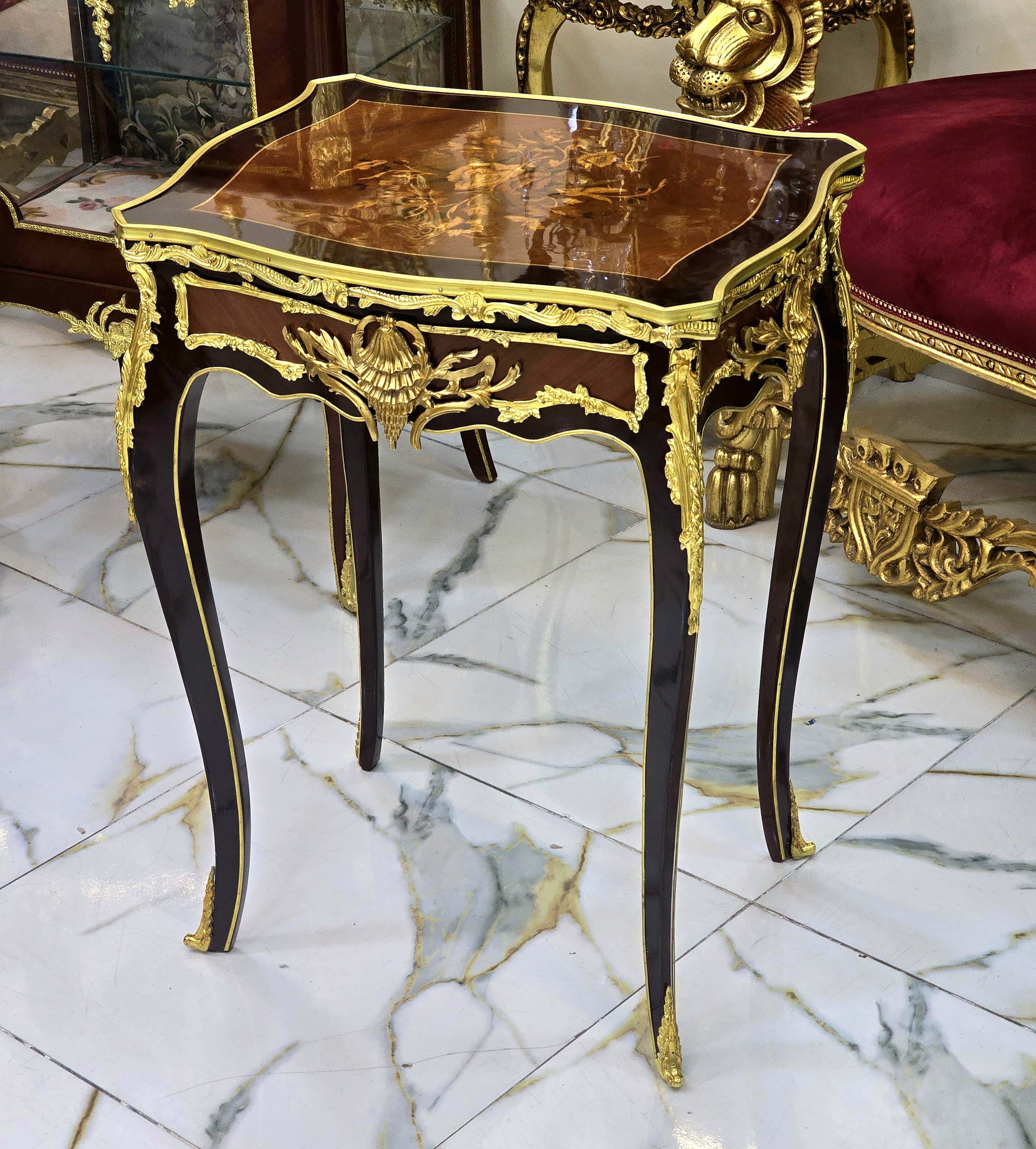 French Accent Side Table with Glass Top, Gold Leaf & Bronze Details