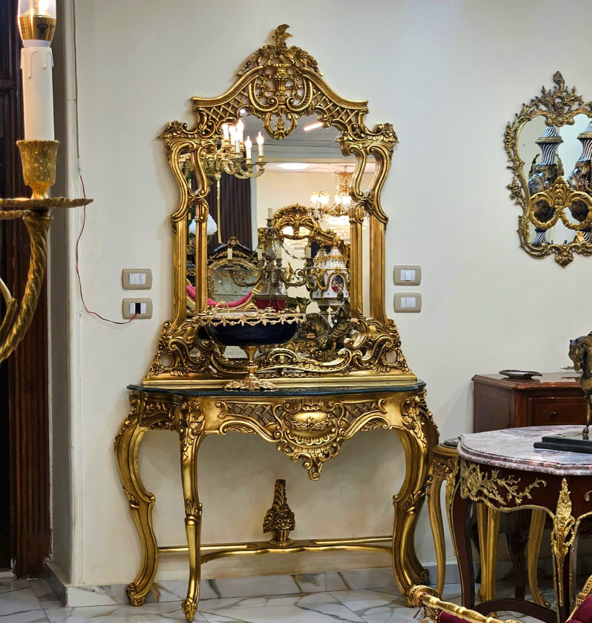 Rococo Gold Leaf Console Table with Black Marble Top & Ornate Mirror Set
