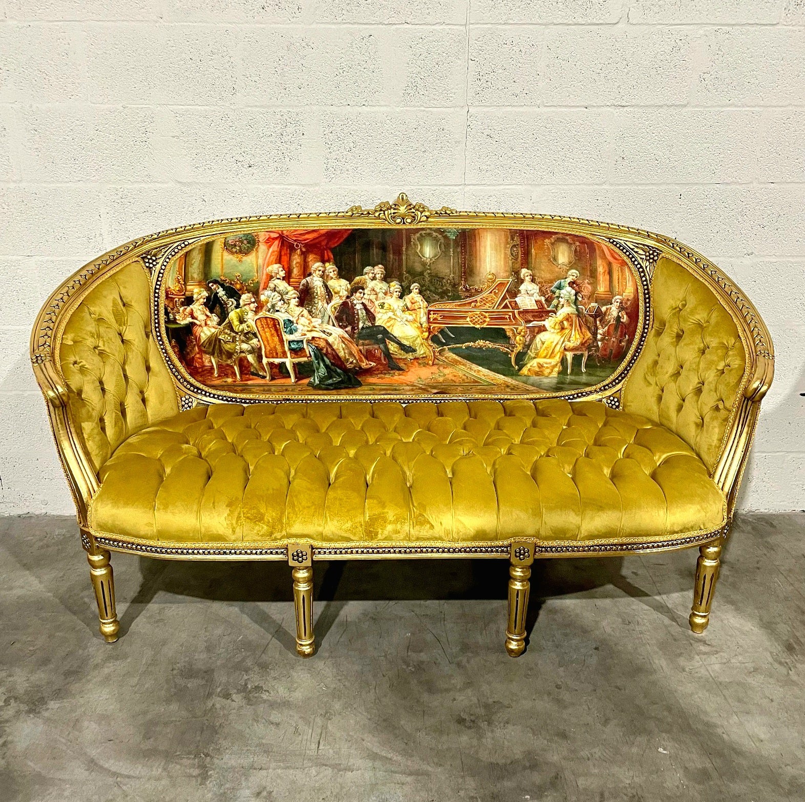 French Tufted Mustard Sofa – Victorian Scene Upholstery, Gold Leaf, Baroque Style, Luxury Vintage French Furniture