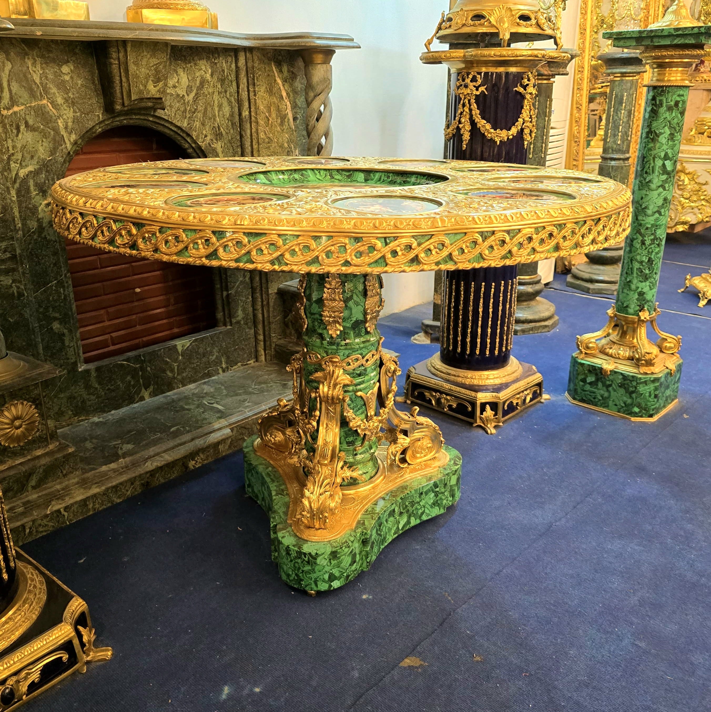 Victorian Inspired French Rococo Round Dining Table with Gold Details & Green Finish