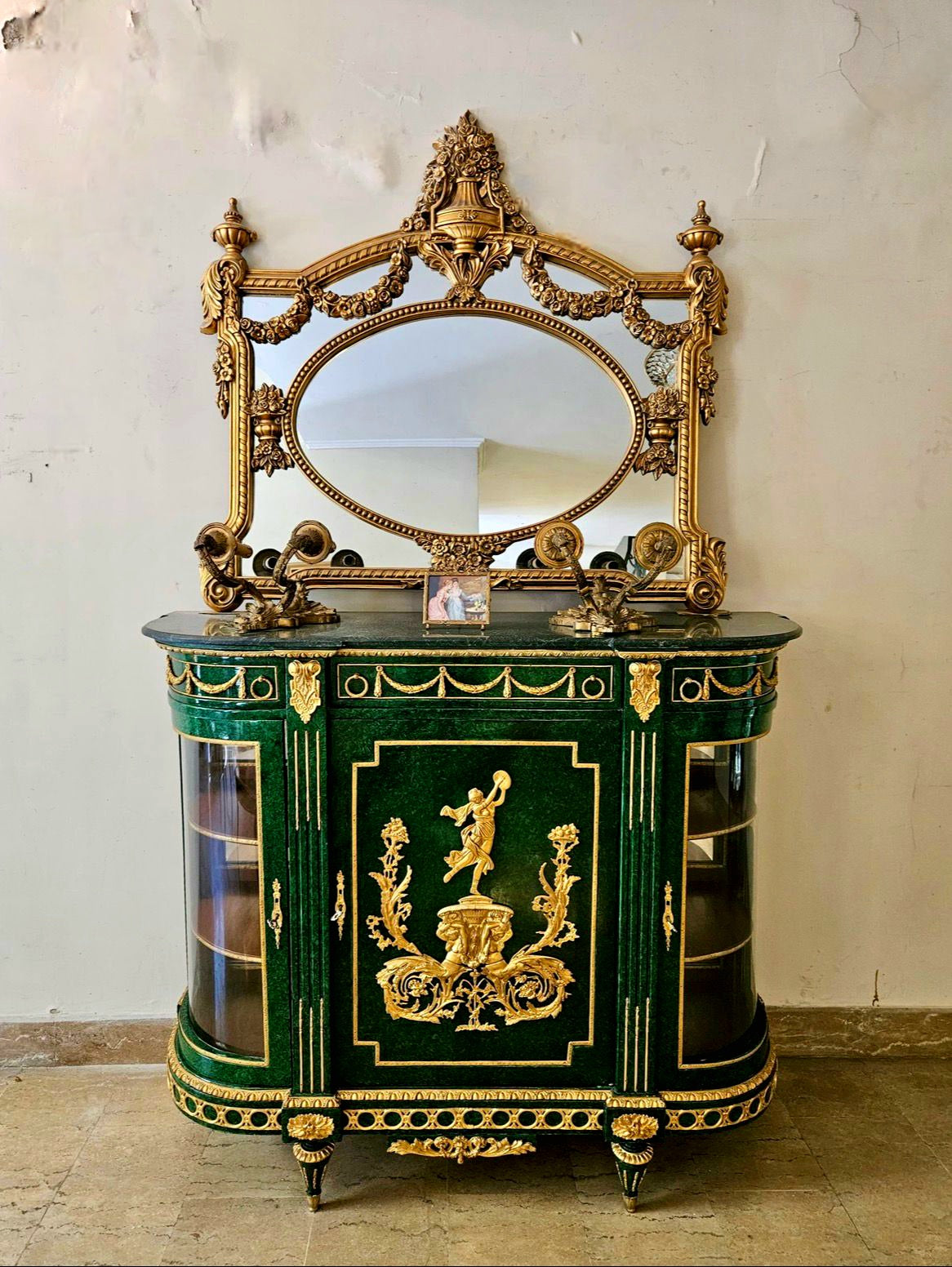 French Empire Style Green Display Commode with Gilded Bronze Mounts & Curved Glass Side Cabinets