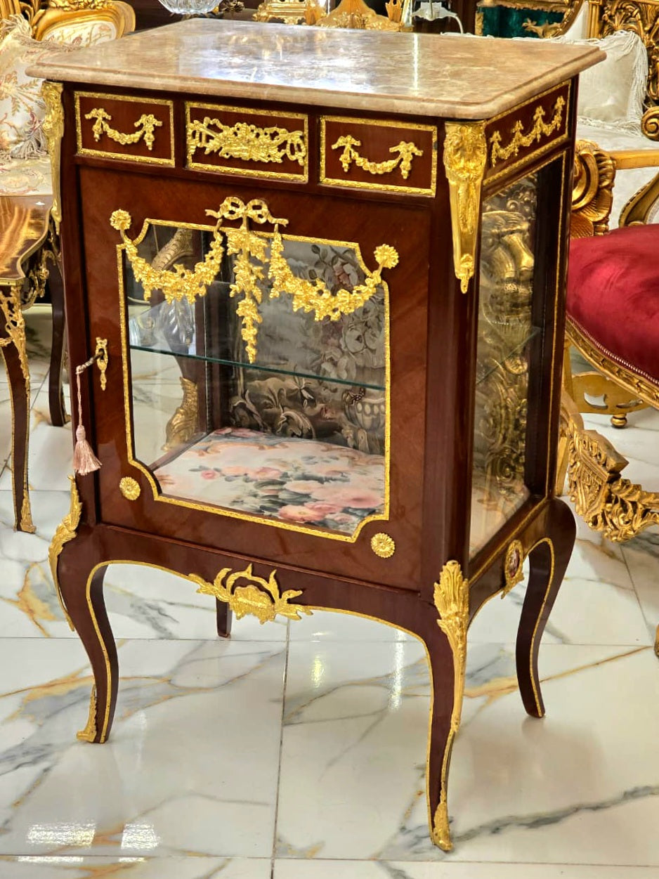 Louis XV Marquetry Bedside Cabinet with Floral Damask Interior & Marble Top