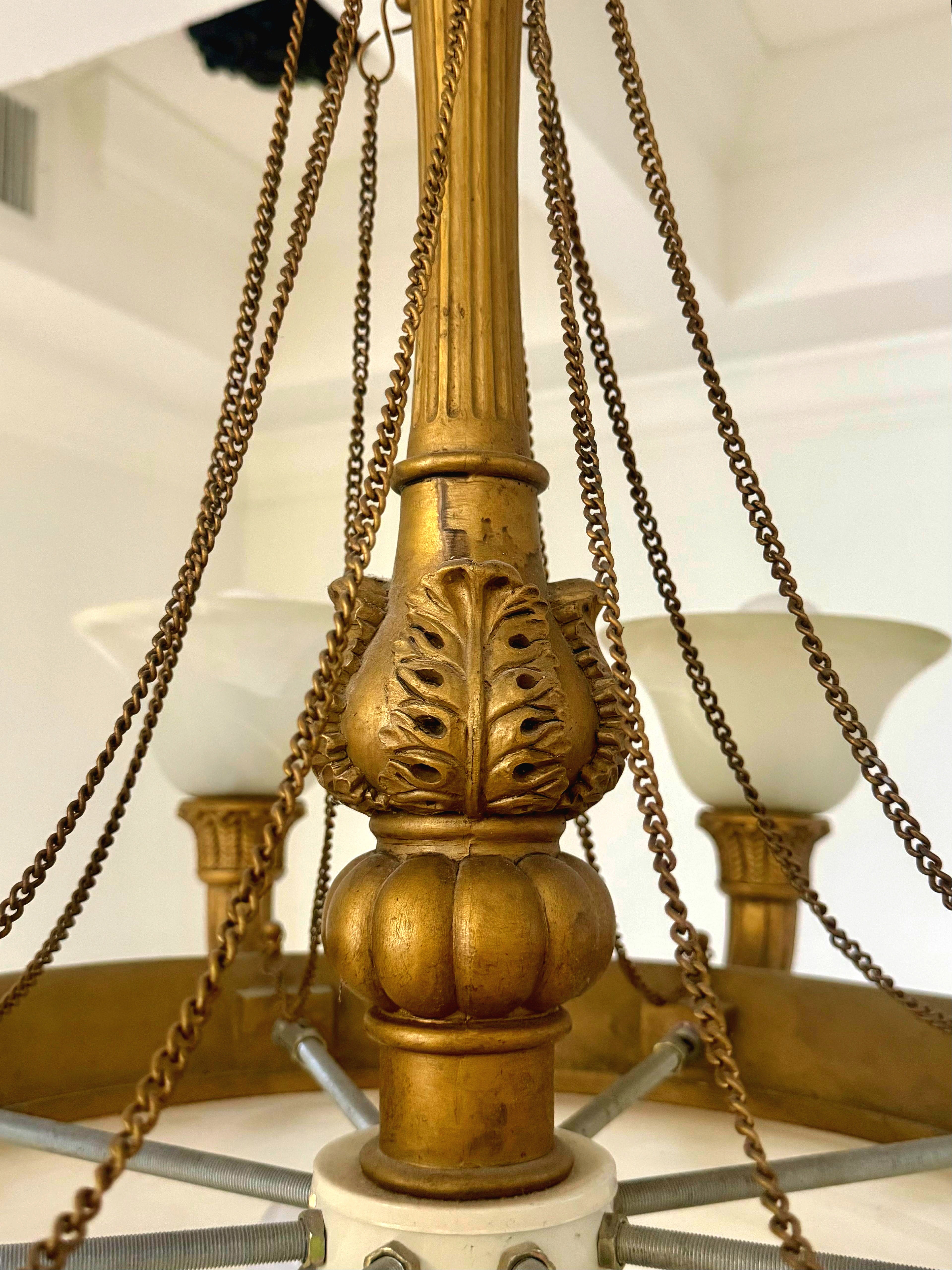 French Empire Vintage 36" Neoclassical Alabaster & Heavy Gilded Brass Chandelier 11 Bulbs