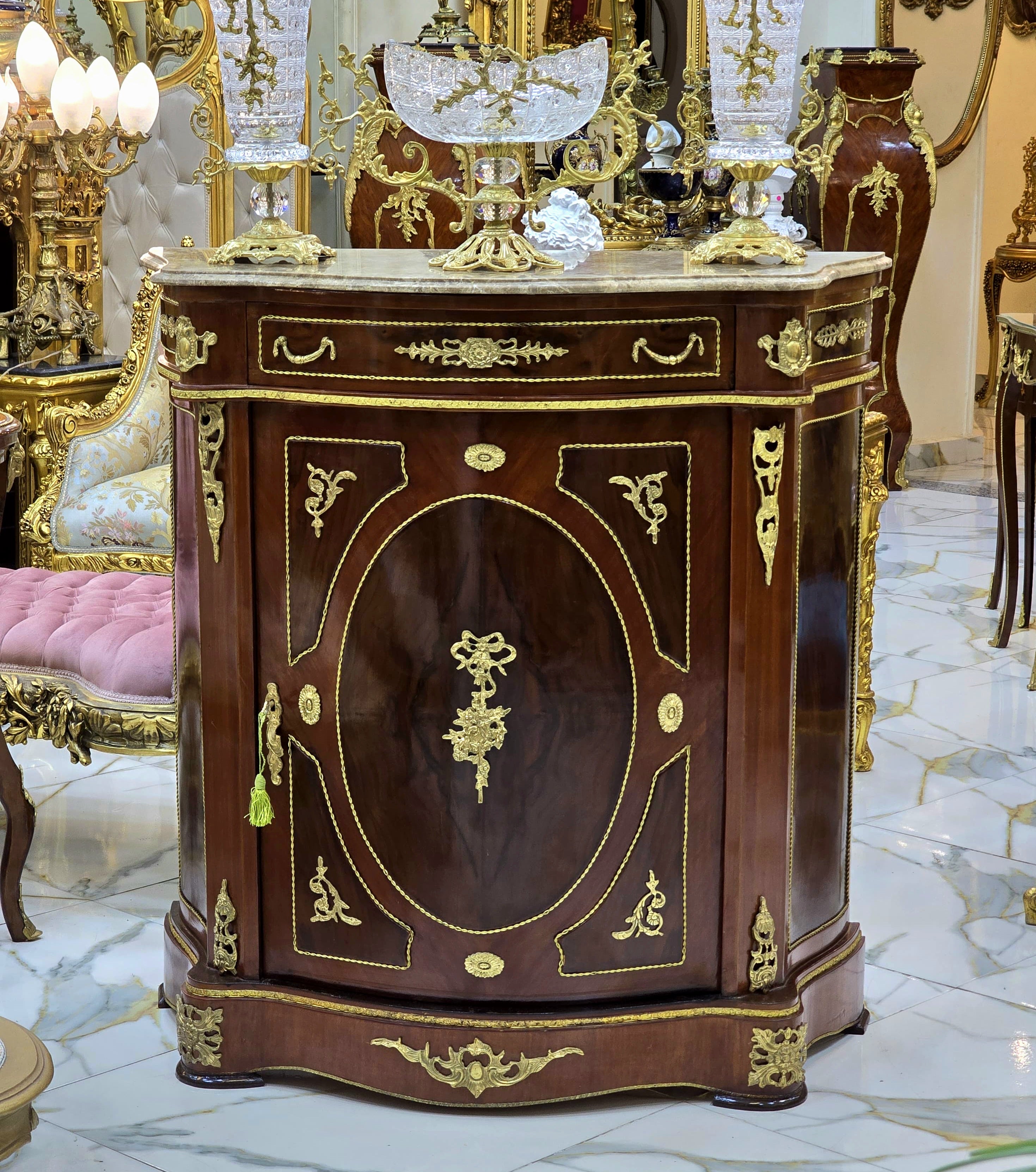 Louis XVI Marble Top Commode with Top Drawer & Marquetry Inlay