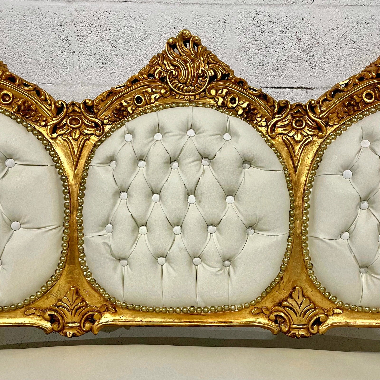 White Leather French Rococo Sofa – Gold Leaf Frame, Victorian Style Luxury Statement Piece