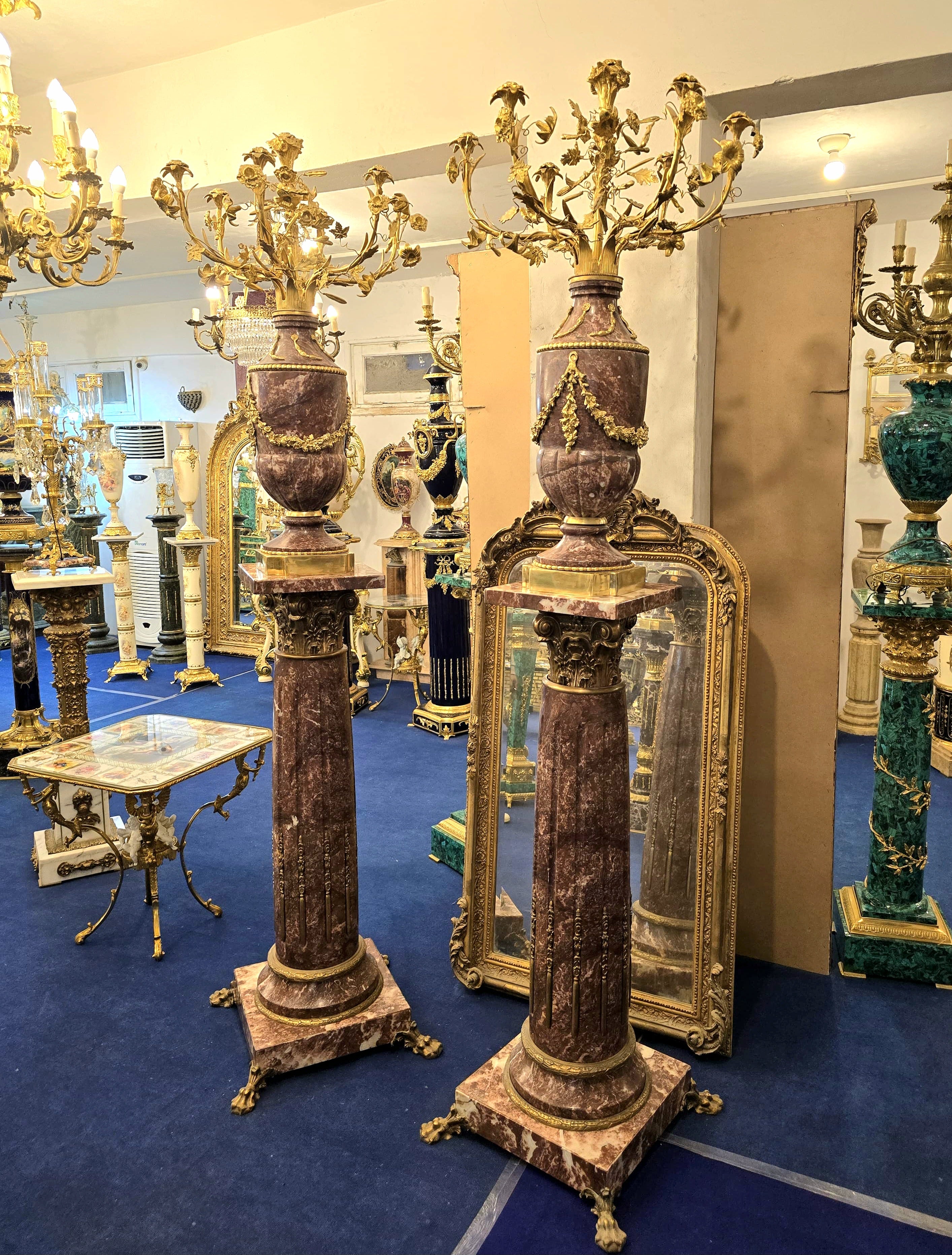 Magnificent Louis XVI-Style Porcelain Pedestal Centerpiece with Floral Gold Leaf Details & Gilded Bronze Accents
