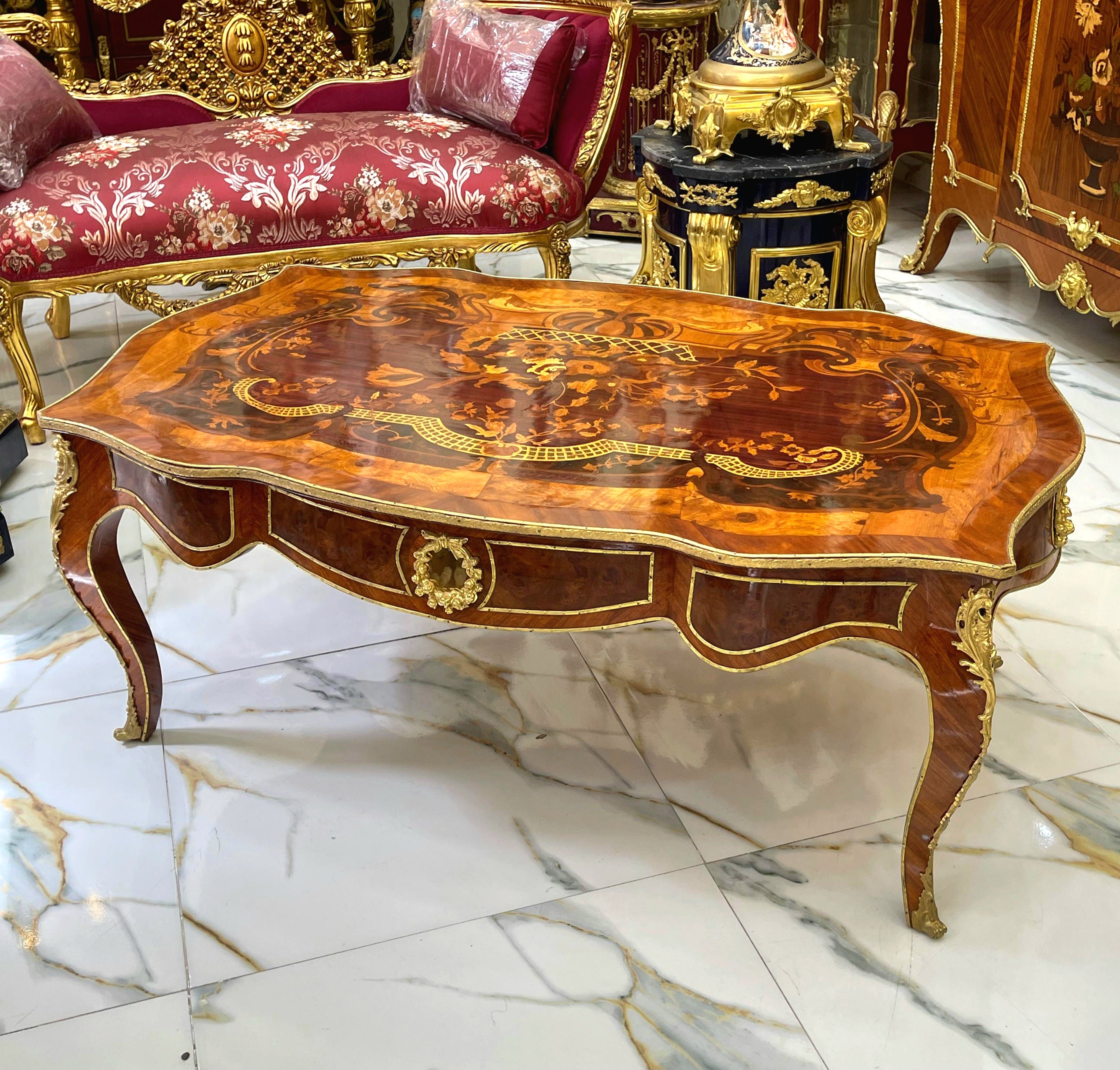 French Style Wooden Coffee Table – Copper Finish with Bronze Accents