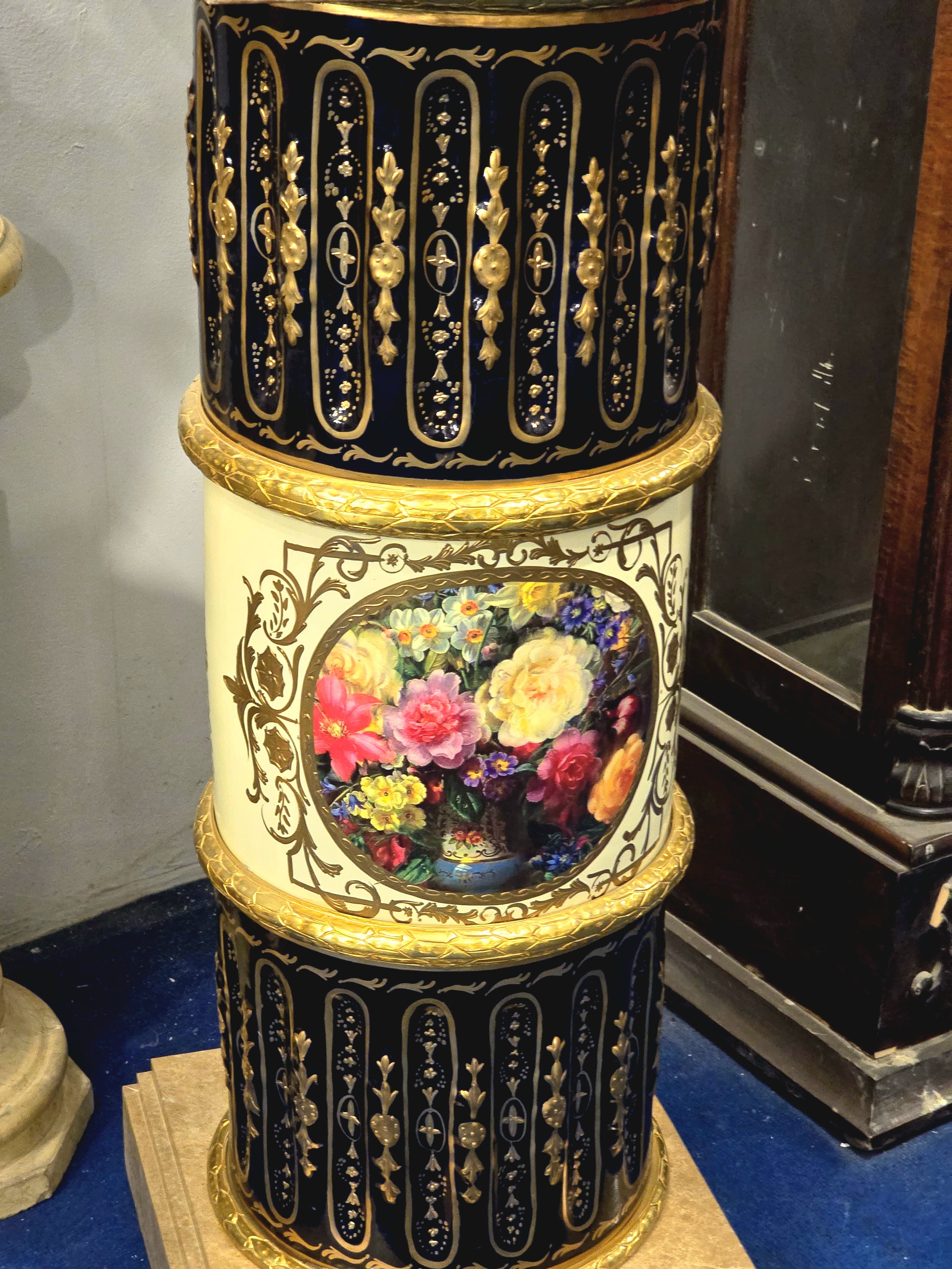Grand Baroque-Style Black Porcelain Vase with Marble Pedestal & Gold Leaf Details