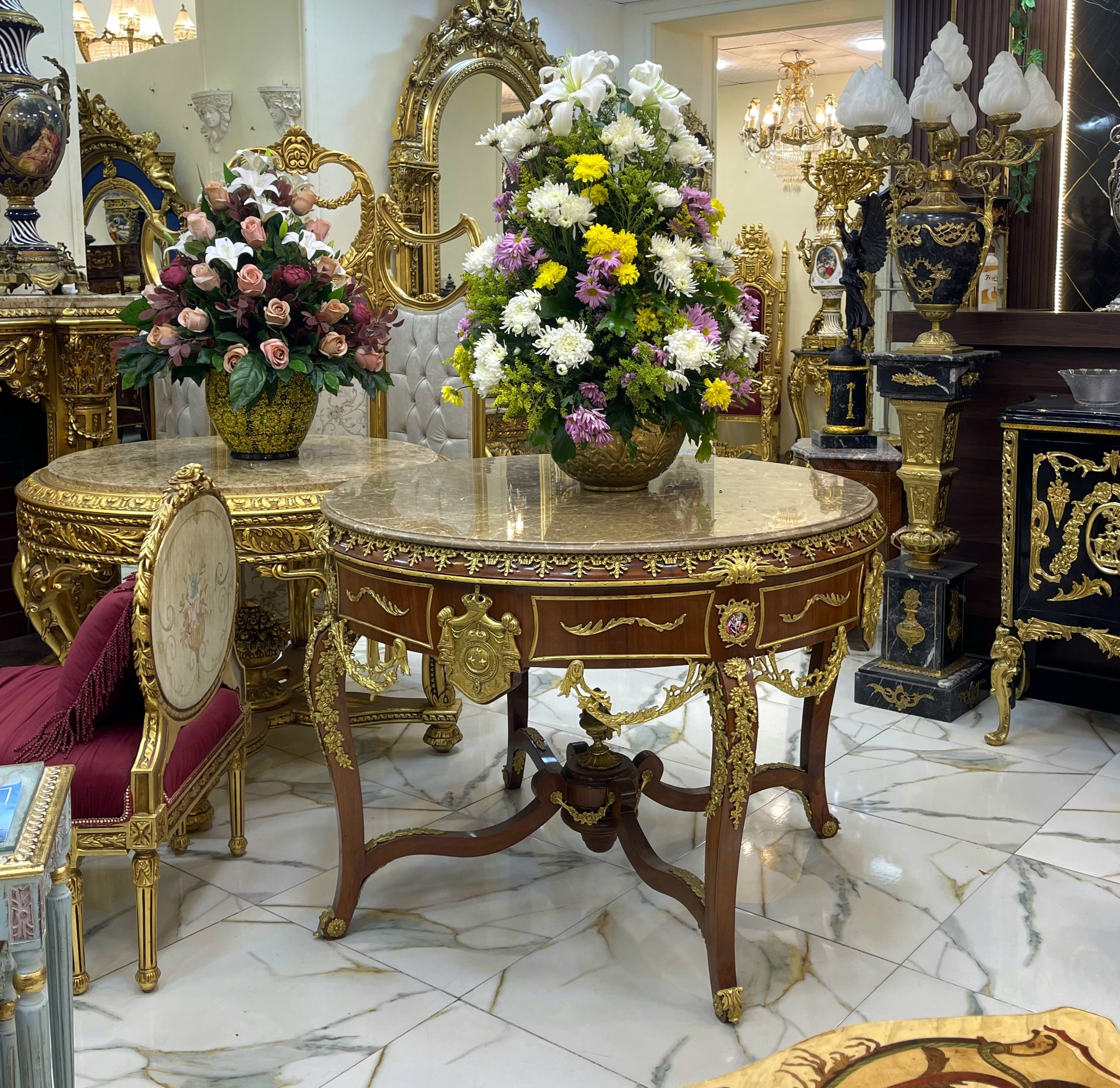 Elegant French Center Table – Marble Look Design with Gold Leaf Details
