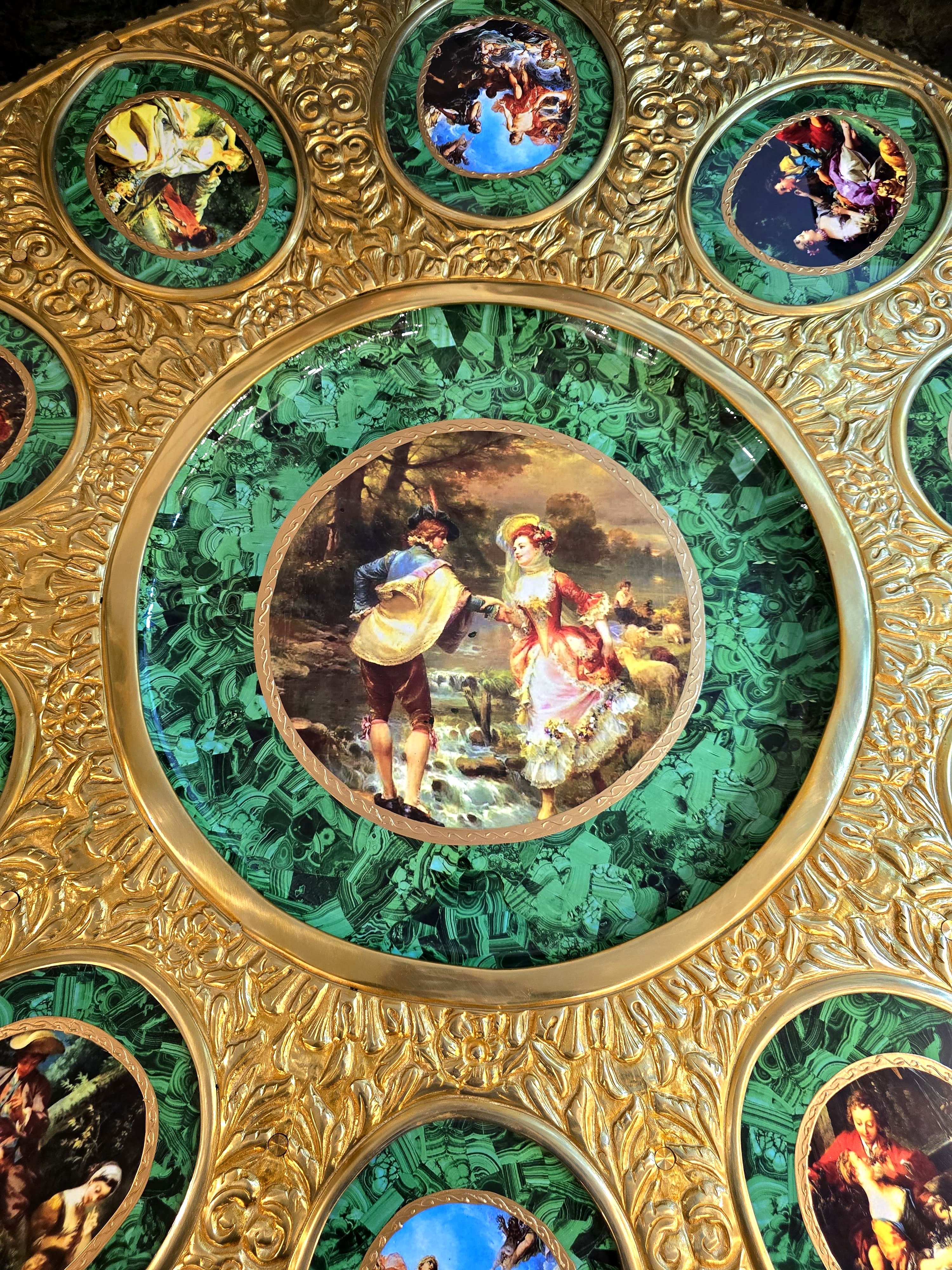 Victorian Inspired French Rococo Round Dining Table with Gold Details & Green Finish