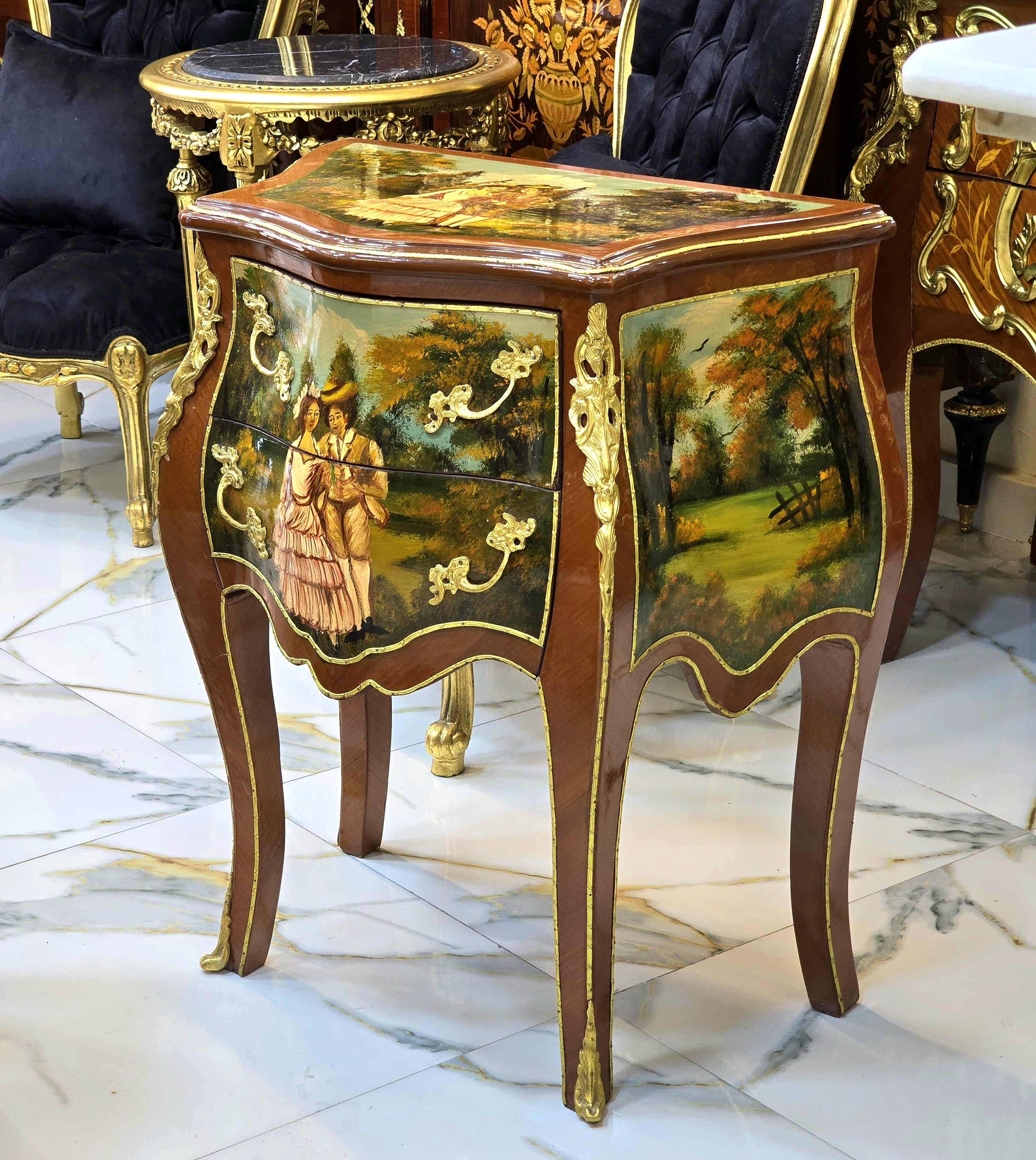 French Rococo Hand-Painted Accent Chest with Gold Leaf Details & Romantic Landscape Artwork