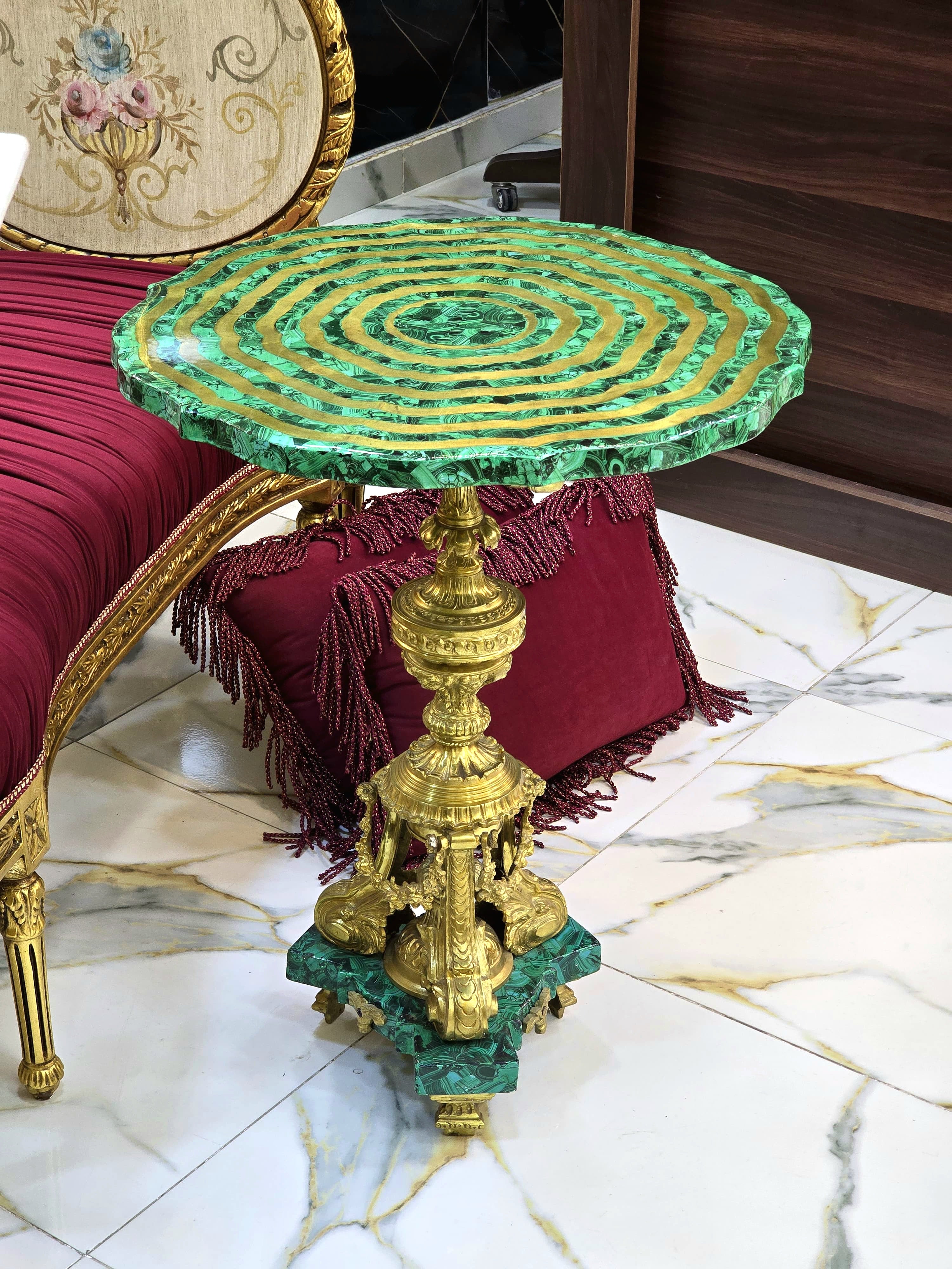 Luxury Green Rococo Side Table with Gold Leaf Details & Sculpted Spiral Top Design