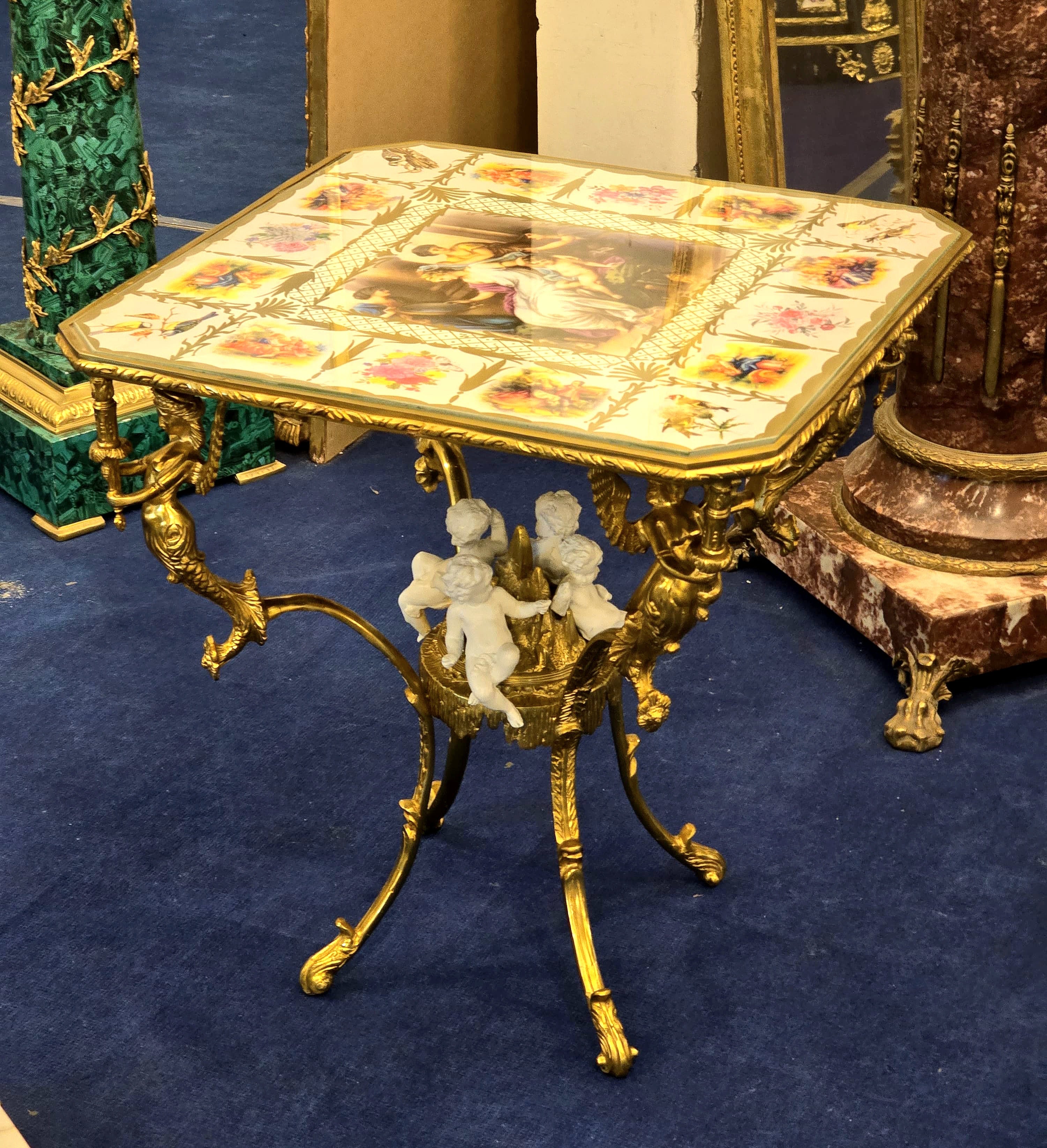 Romantic French Style Coffee Table with Cherub Artwork, Bronze Accents & Gold Leaf Details