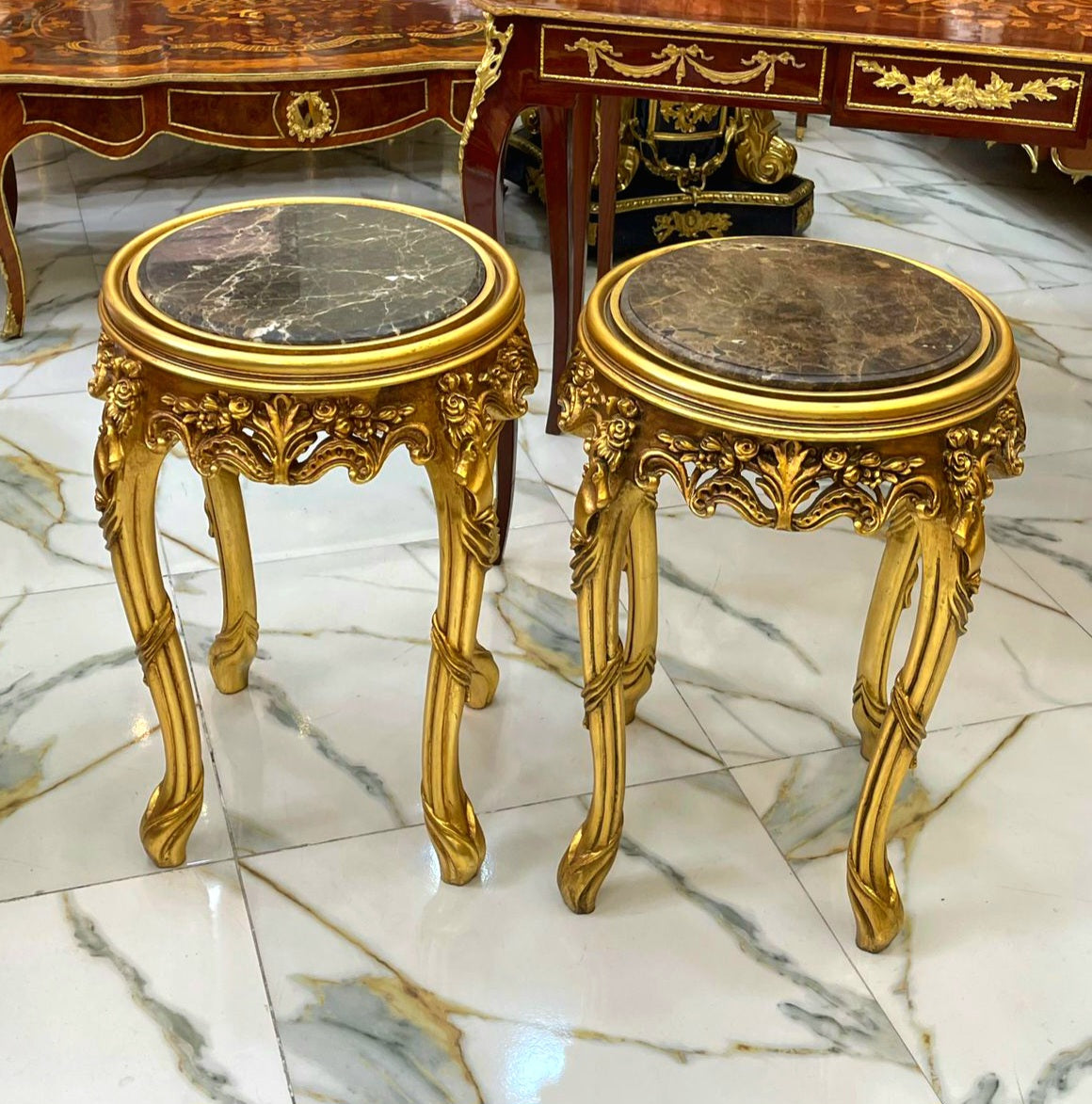 Italian Style Side Table with Dark Brown Marble Top & Gold Accents