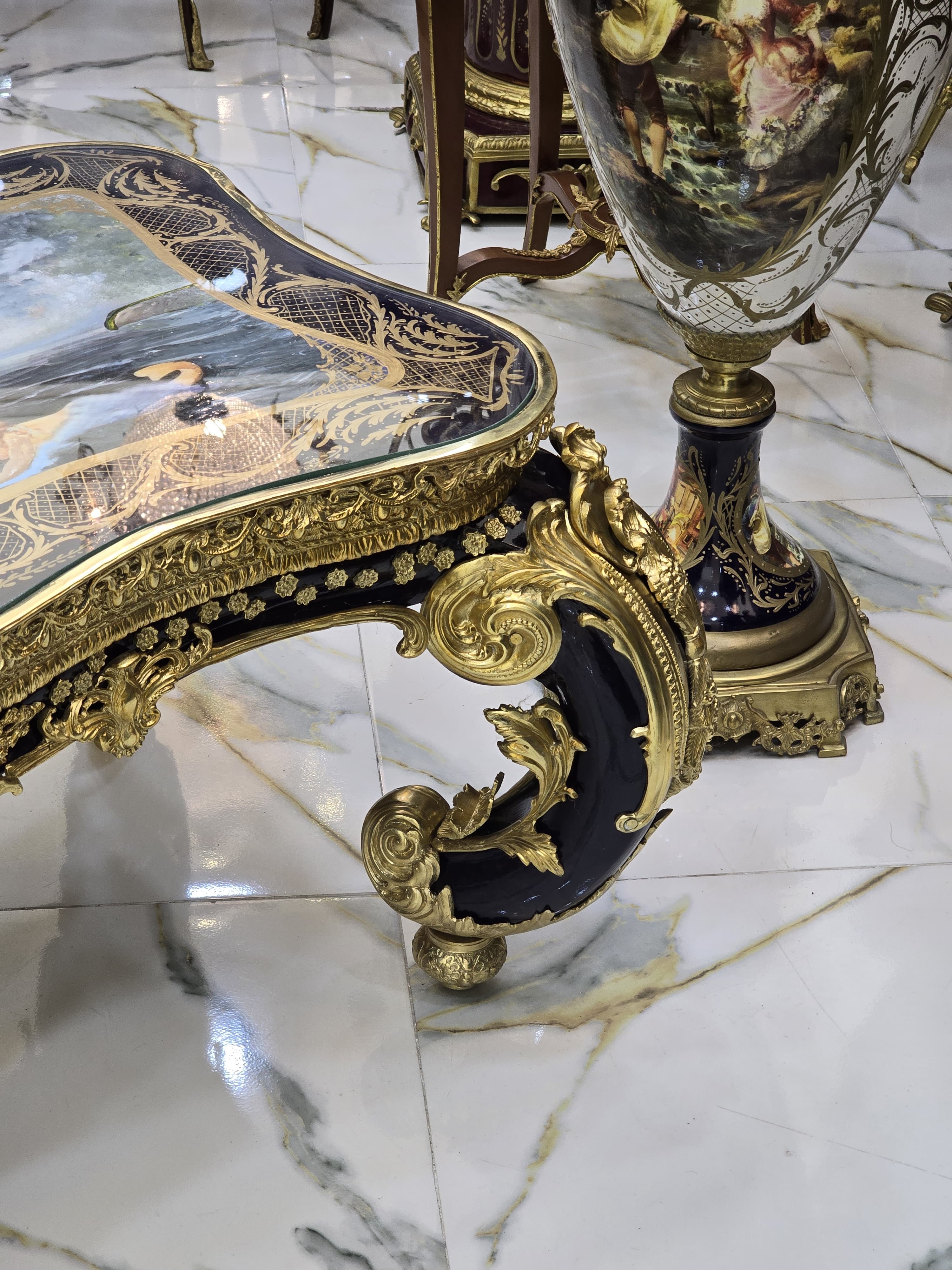 Monumental French Rococo Coffee Table with Hand-Painted Artwork Under Glass & Gilded Bronze Details