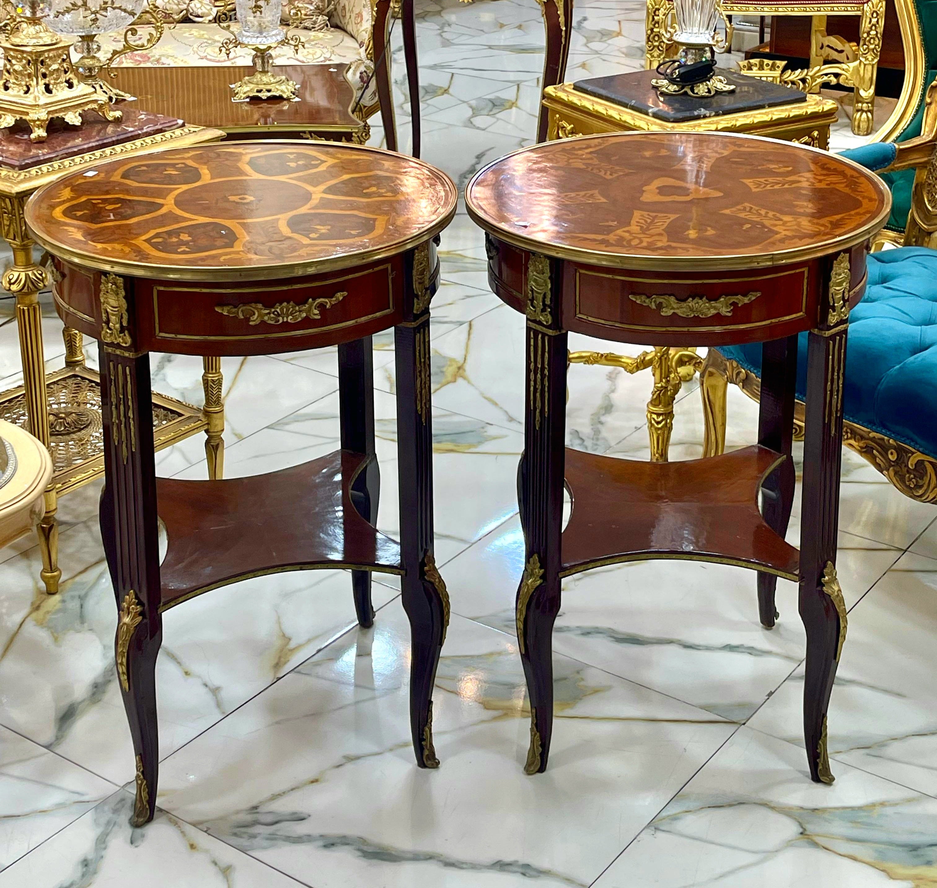 French Style Wood Side Table – Copper Finish with Gold Leaf Accents, Elegant Design