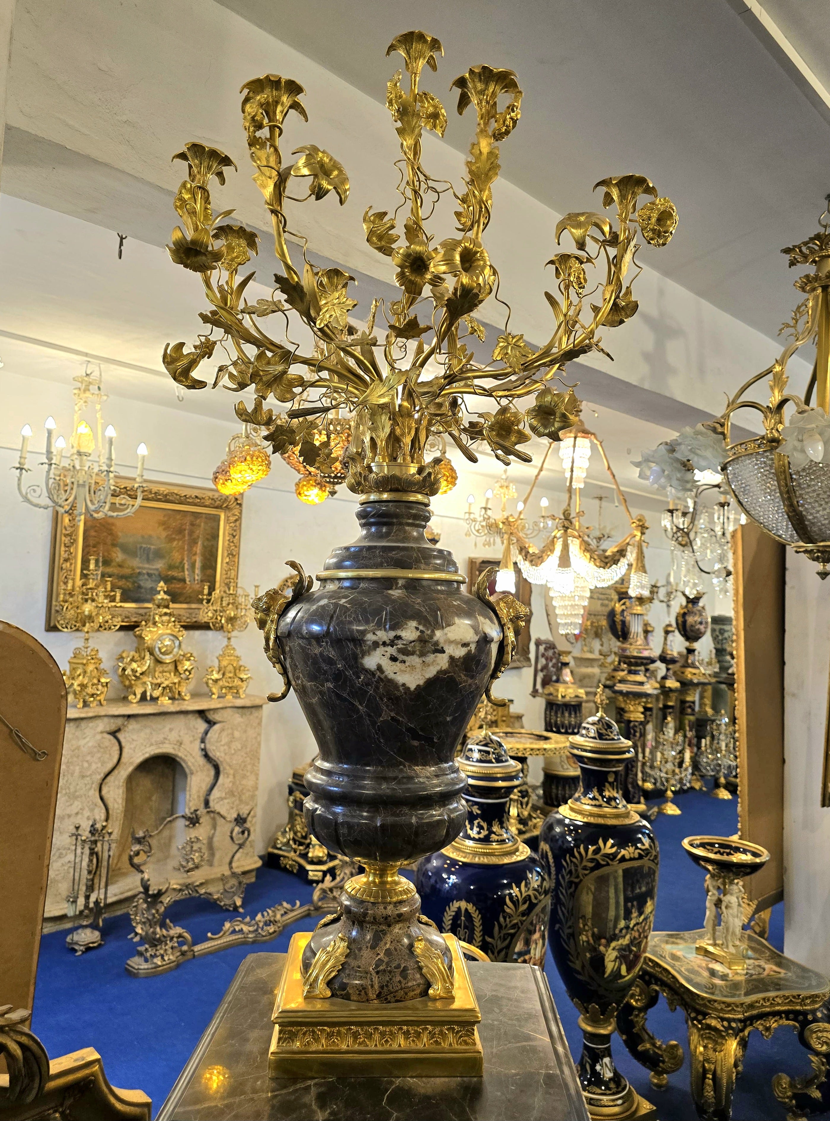 Magnificent Louis XVI-Style Black Porcelain Decorative Centerpiece with Gold Leaf Floral Details & Gilded Bronze Accents
