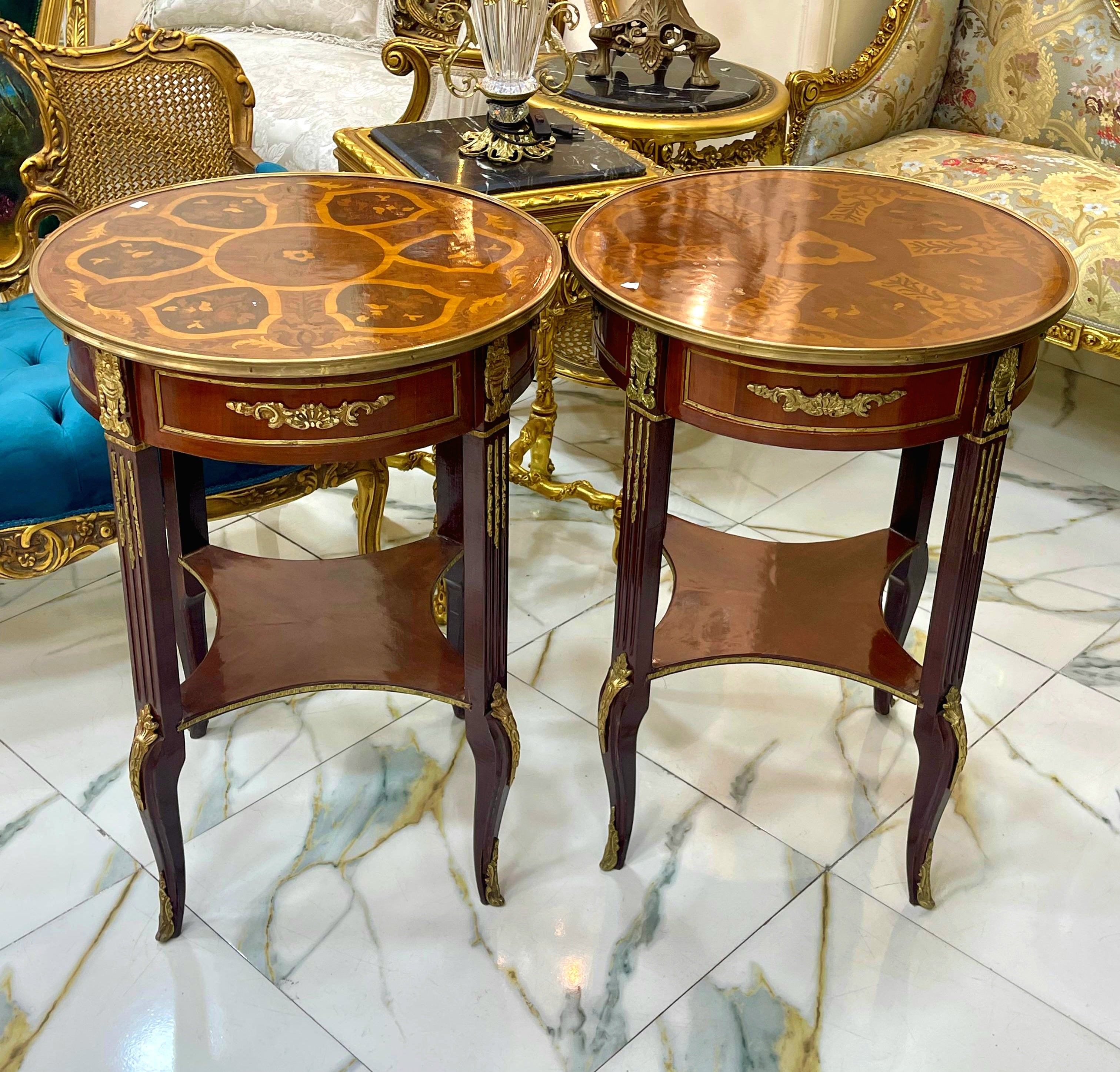 French Style Wood Side Table – Copper Finish with Gold Leaf Accents, Elegant Design